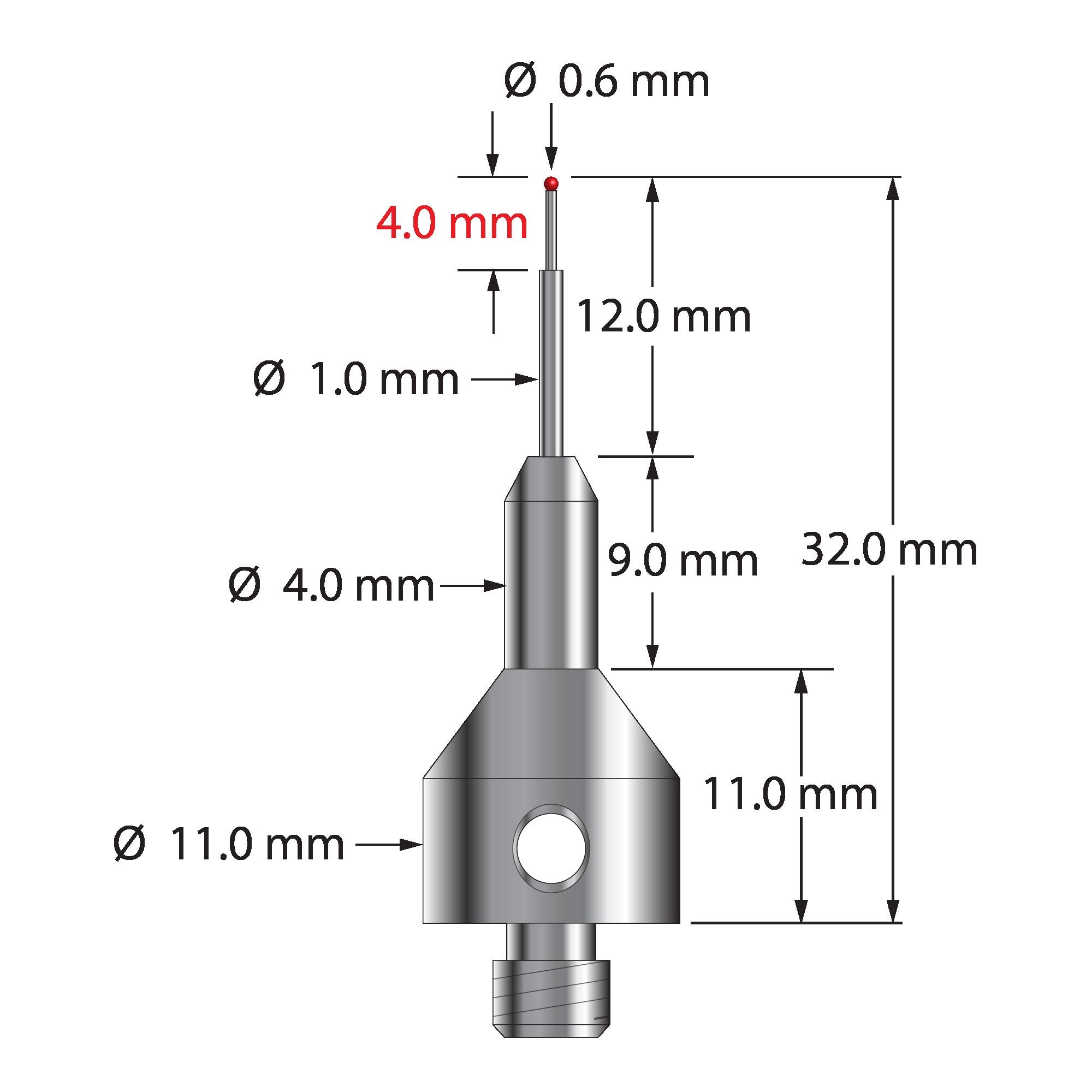 AQG-0632 M5 stylus with 0.6mm ruby ball, carbide stem, and stainless steel base, 32.0mm long by Q-Mark Manufacturing, Inc.