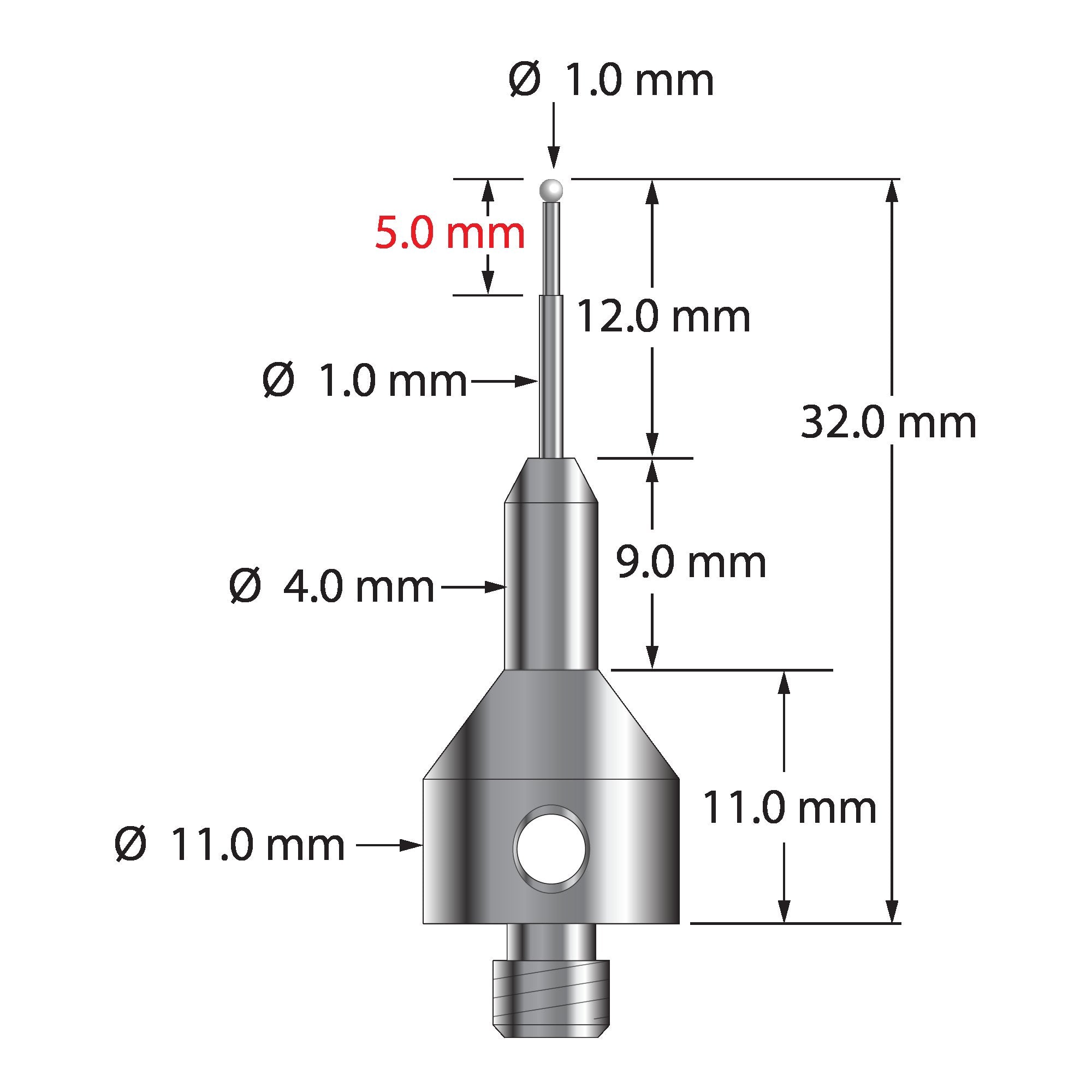AQG-1032-Z M5 stylus with 1.0mm zirconia ball, carbide stem, and stainless steel base by Q-Mark Manufacturing, Inc.