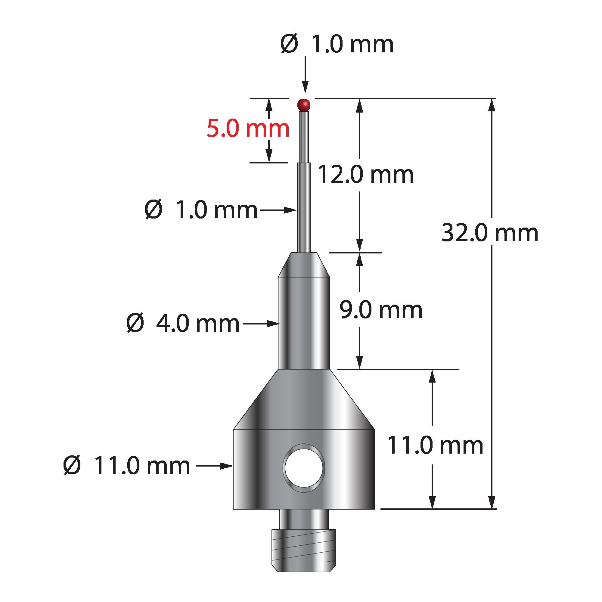 AQG-1032 M5 stylus with 1.0mm ruby ball, stepped carbide stem, and stainless steel base by Q-Mark Manufacturing, Inc.