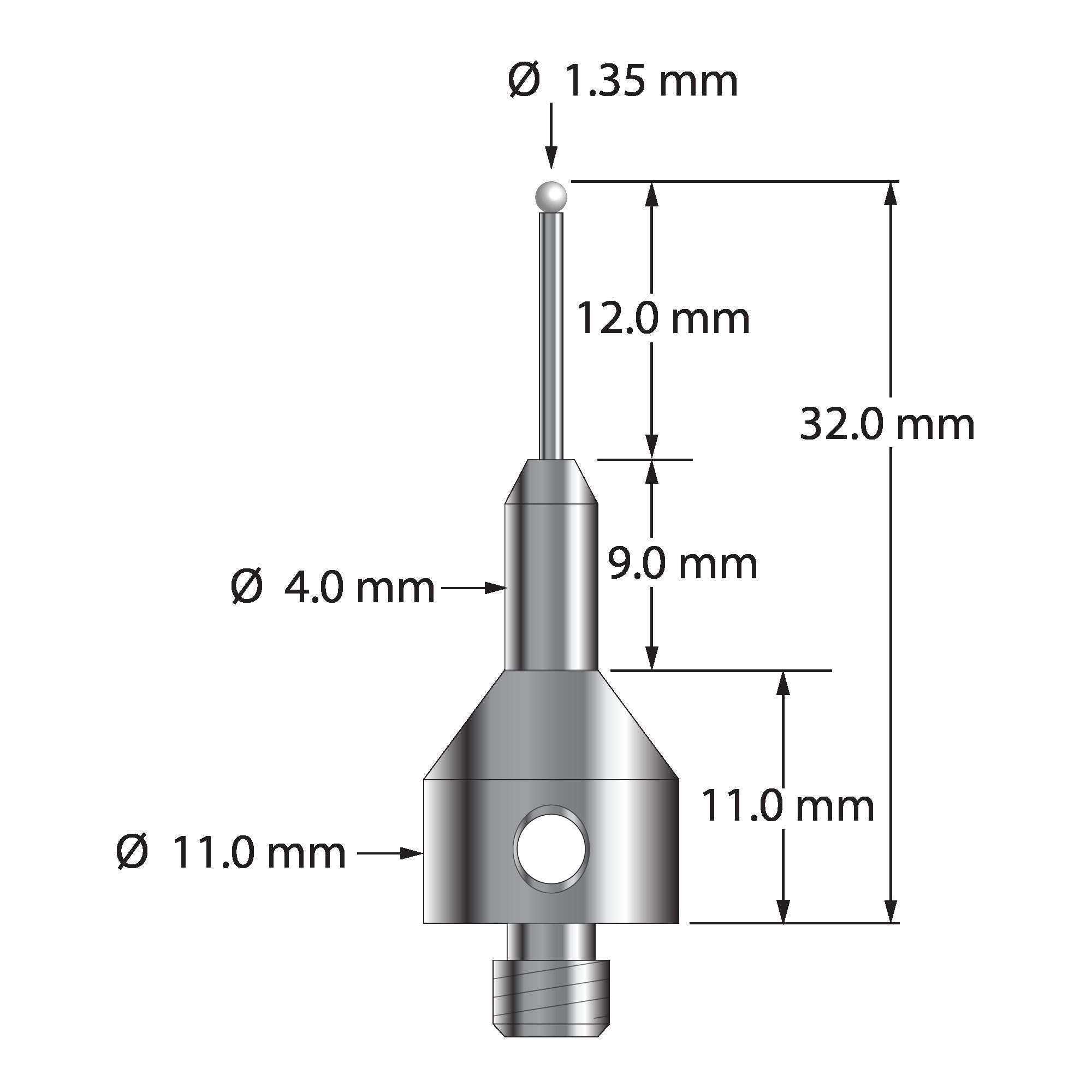 AQG-1432-Z M5 stylus with 1.35mm zirconia ball, carbide stem, and stainless steel base, 32mm long by Q-Mark Manufacturing, Inc.