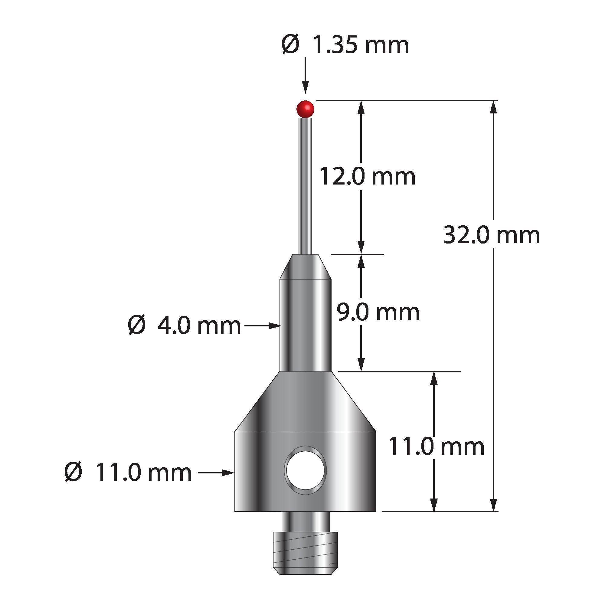AQG-1432 M5 1.35mm ruby ball stylus with carbide stem and stainless steel base, 32mm long by Q-Mark Manufacturing, Inc.