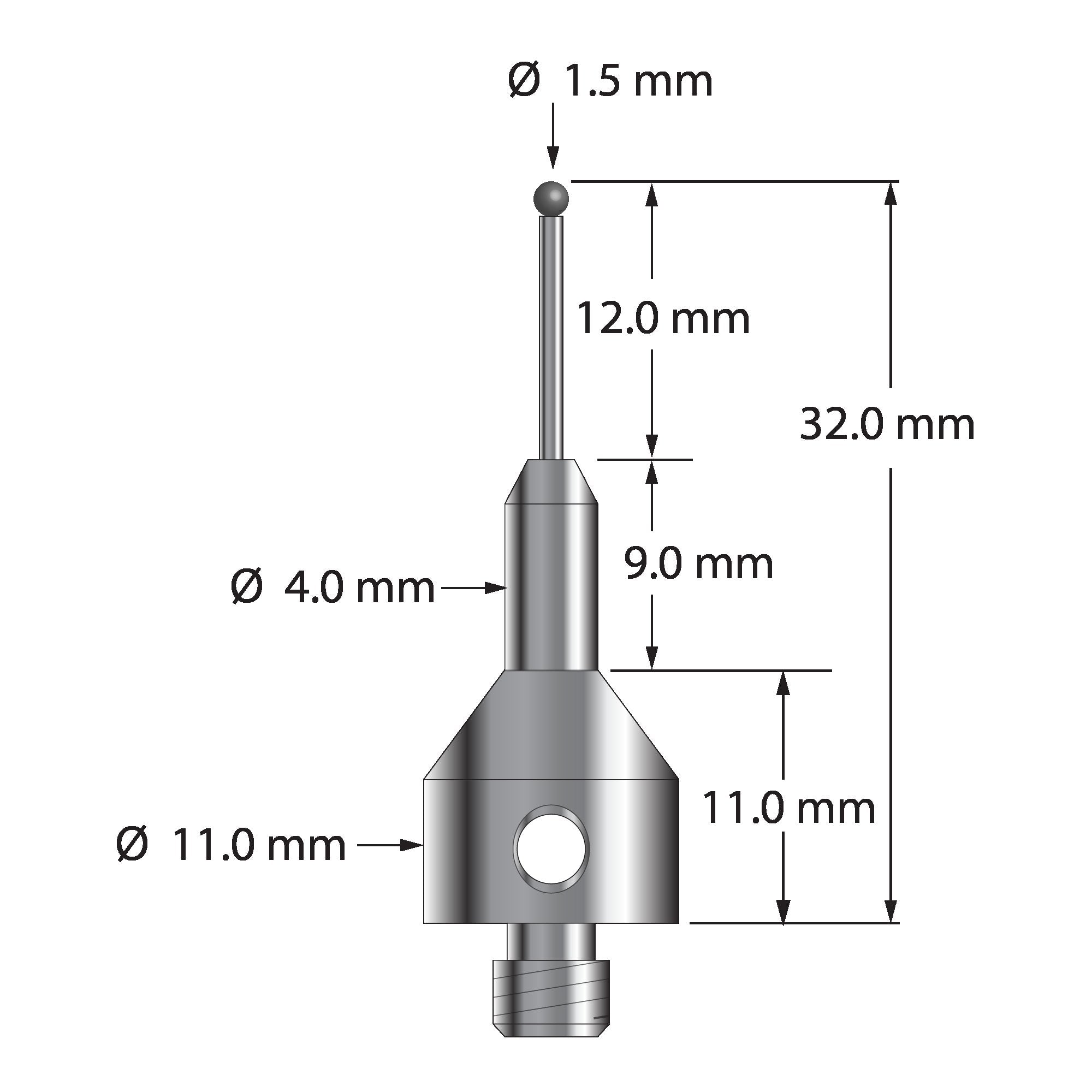 AQG-1532-SN M5 stylus with 1.5mm silicon nitride ball, carbide stem, and stainless steel base, 32mm long by Q-Mark Manufacturing, Inc.