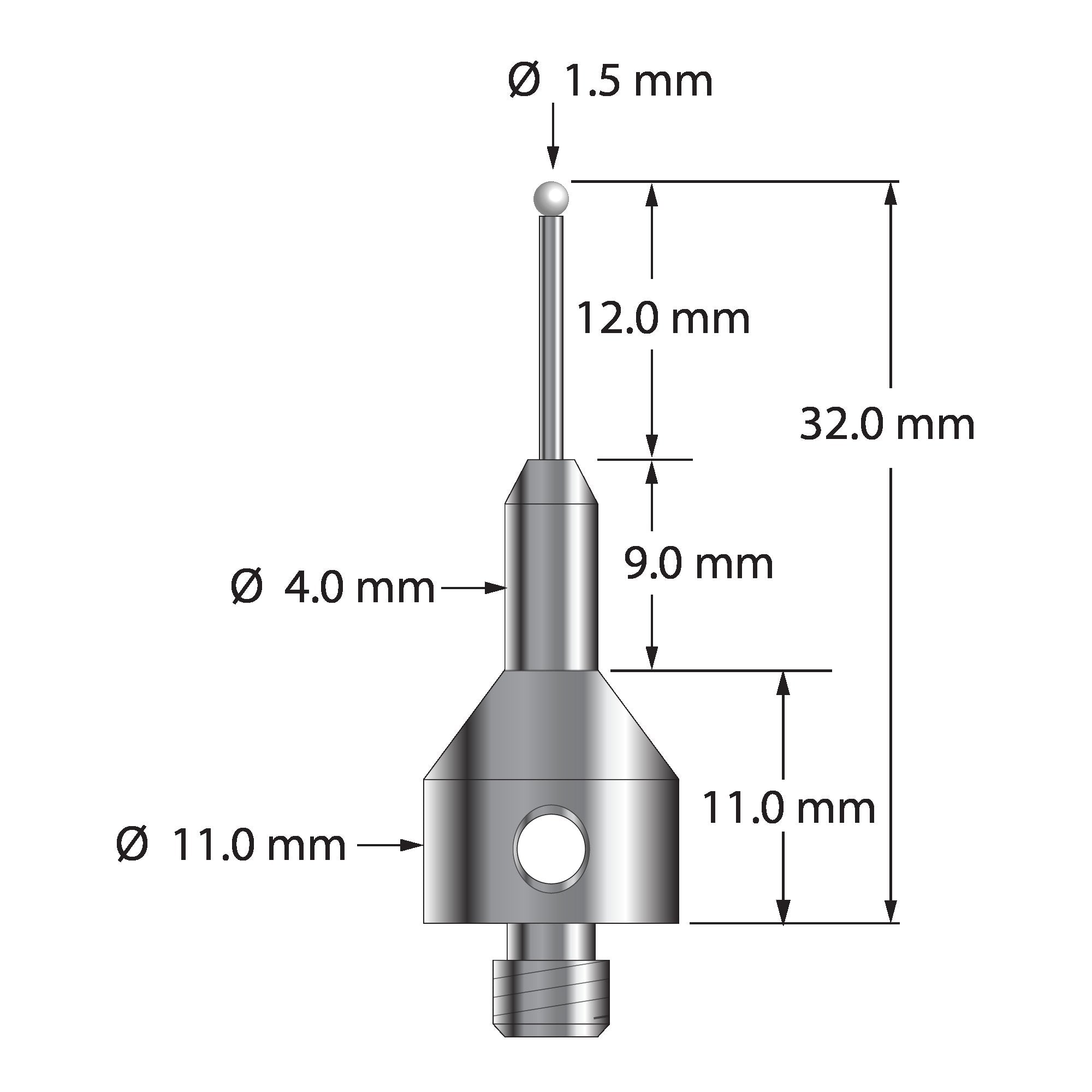 AQG-1532-Z M5 stylus with 1.5mm zirconia ball, carbide stem, and stainless steel base, 32mm long by Q-Mark Manufacturing, Inc.