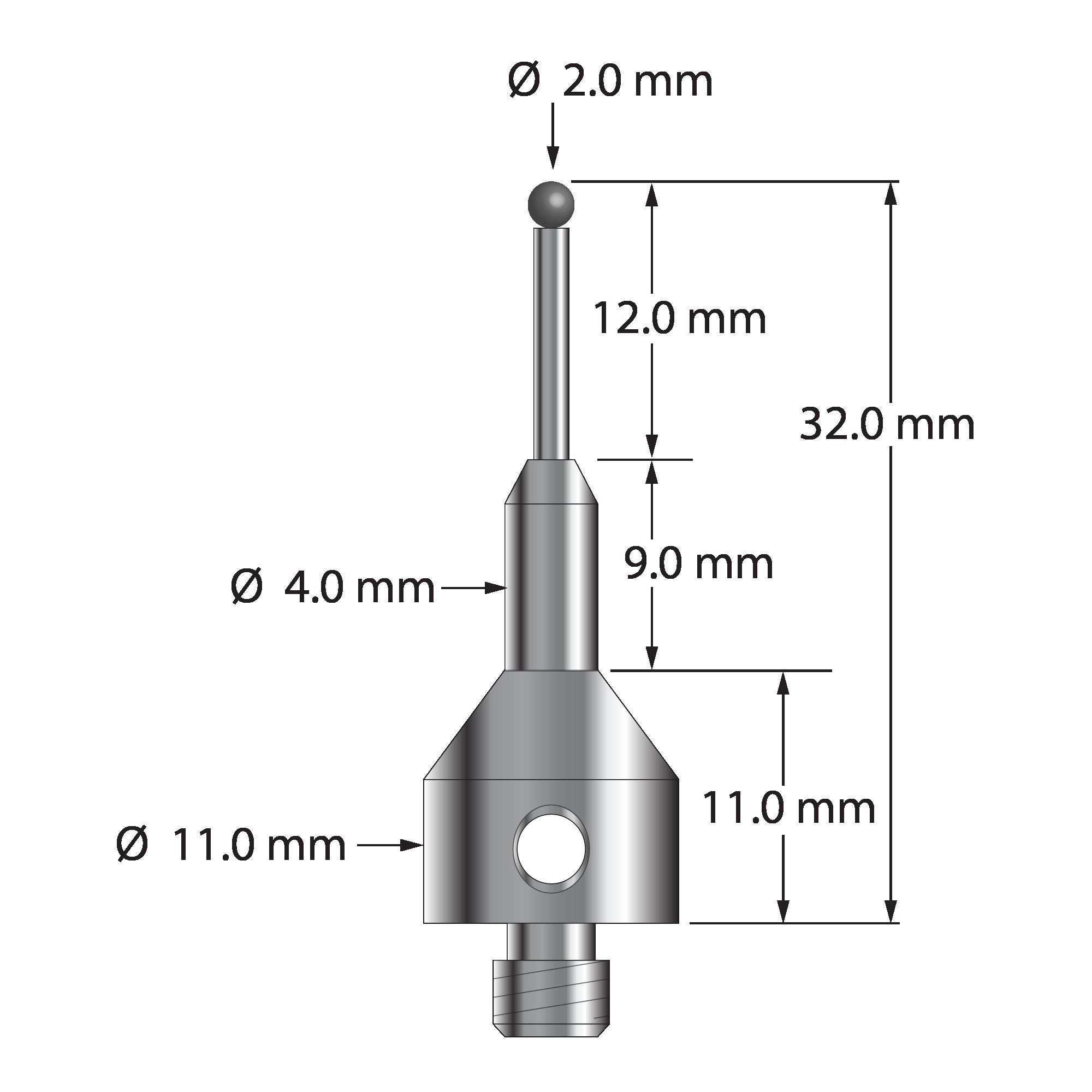 AQG-2032-SN M5 2.0mm silicon nitride stylus, 32.0mm long, by Q-Mark Manufacturing, Inc.