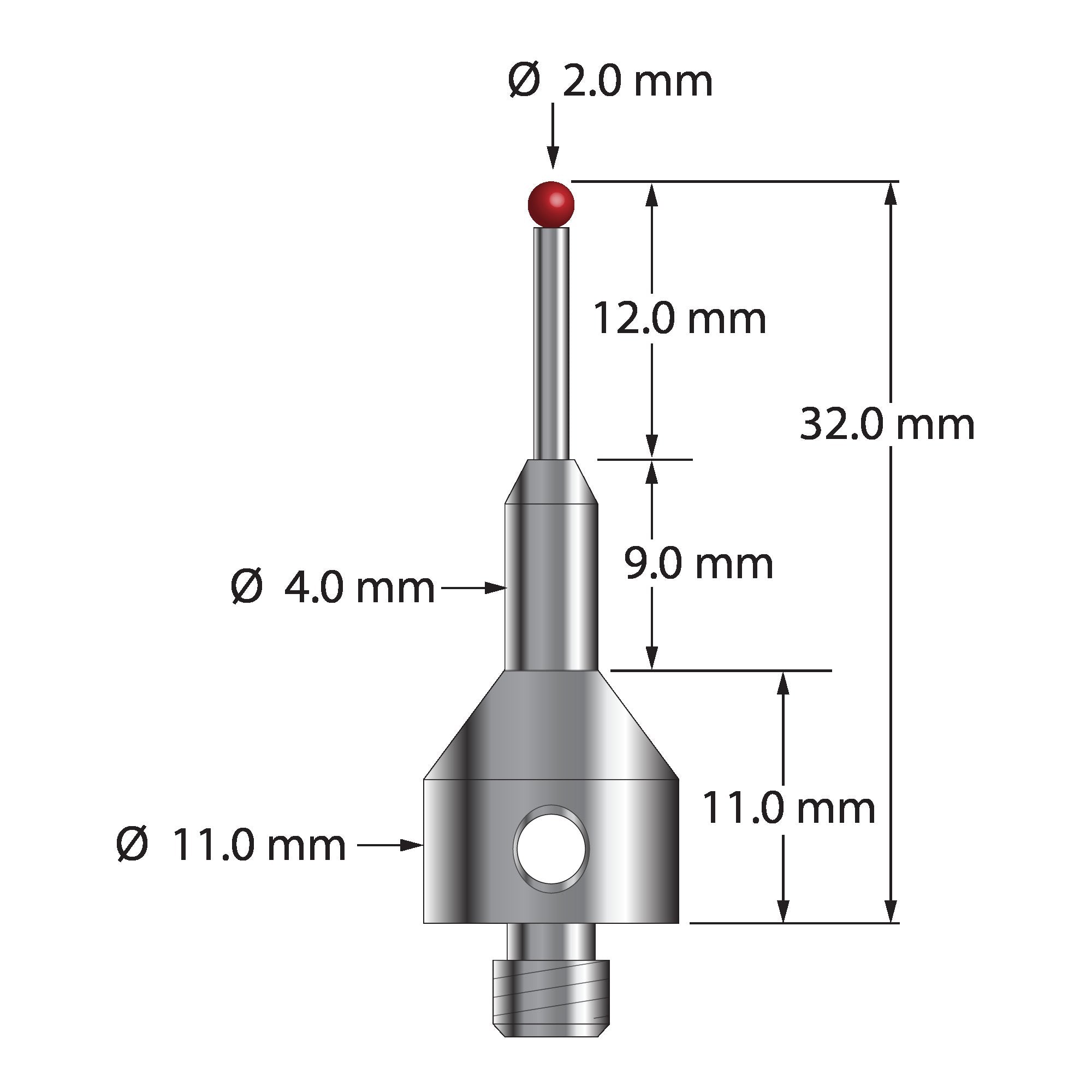 AQG-2032 M5 2.0mm ruby ball stylus with carbide stem and stainless steel base, 32.0mm long by Q-Mark Manufacturing, Inc.