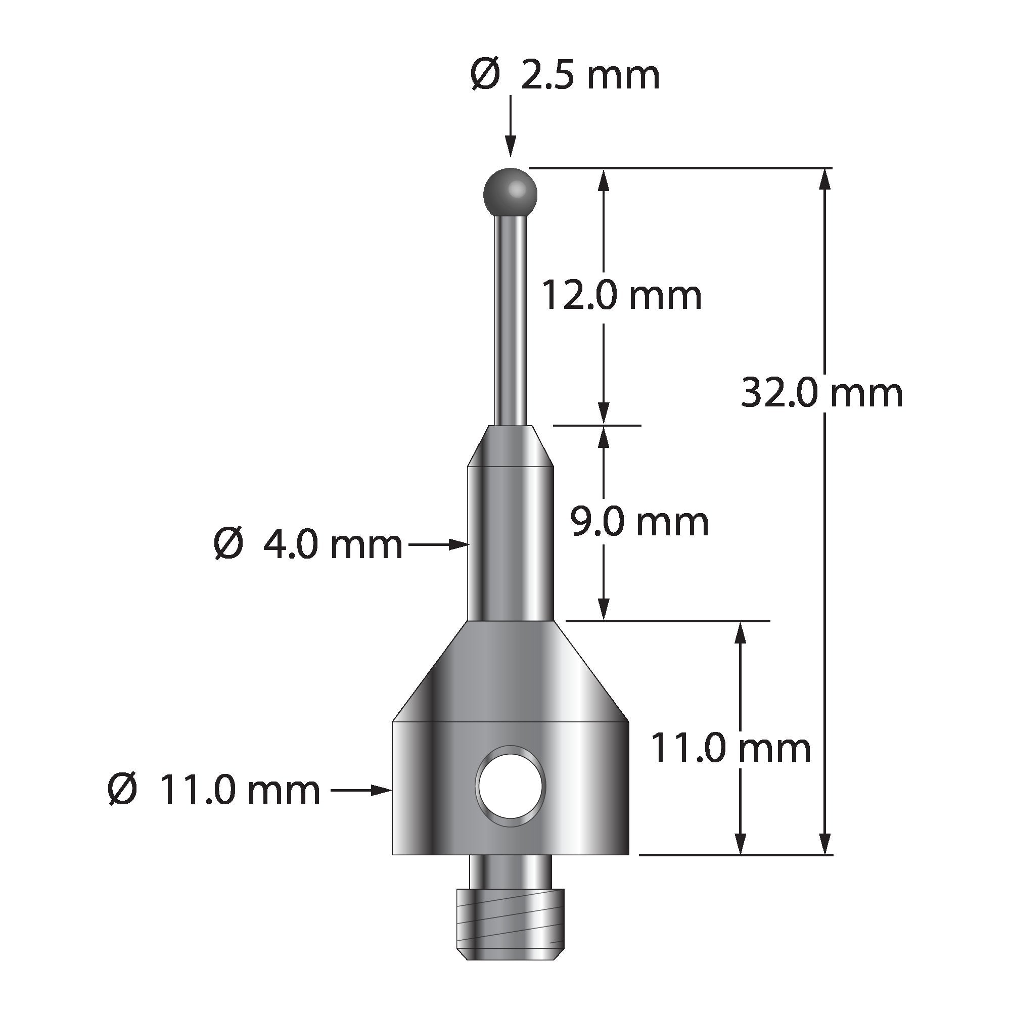 AQG-2532-SN M5 2.5mm silicon nitride stylus, 32mm long, by Q-Mark Manufacturing, Inc.