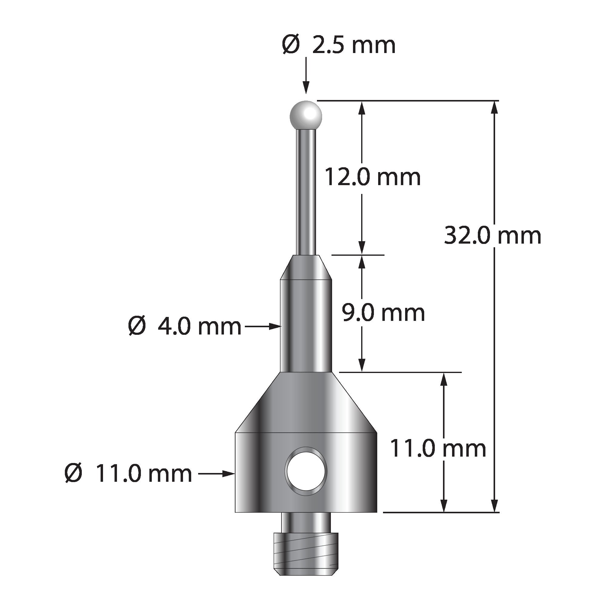 AQG-2532-Z M5 stylus with 2.5mm zirconia ball, carbide stem, and stainless steel base, 32.0mm long by Q-Mark Manufacturing, Inc.