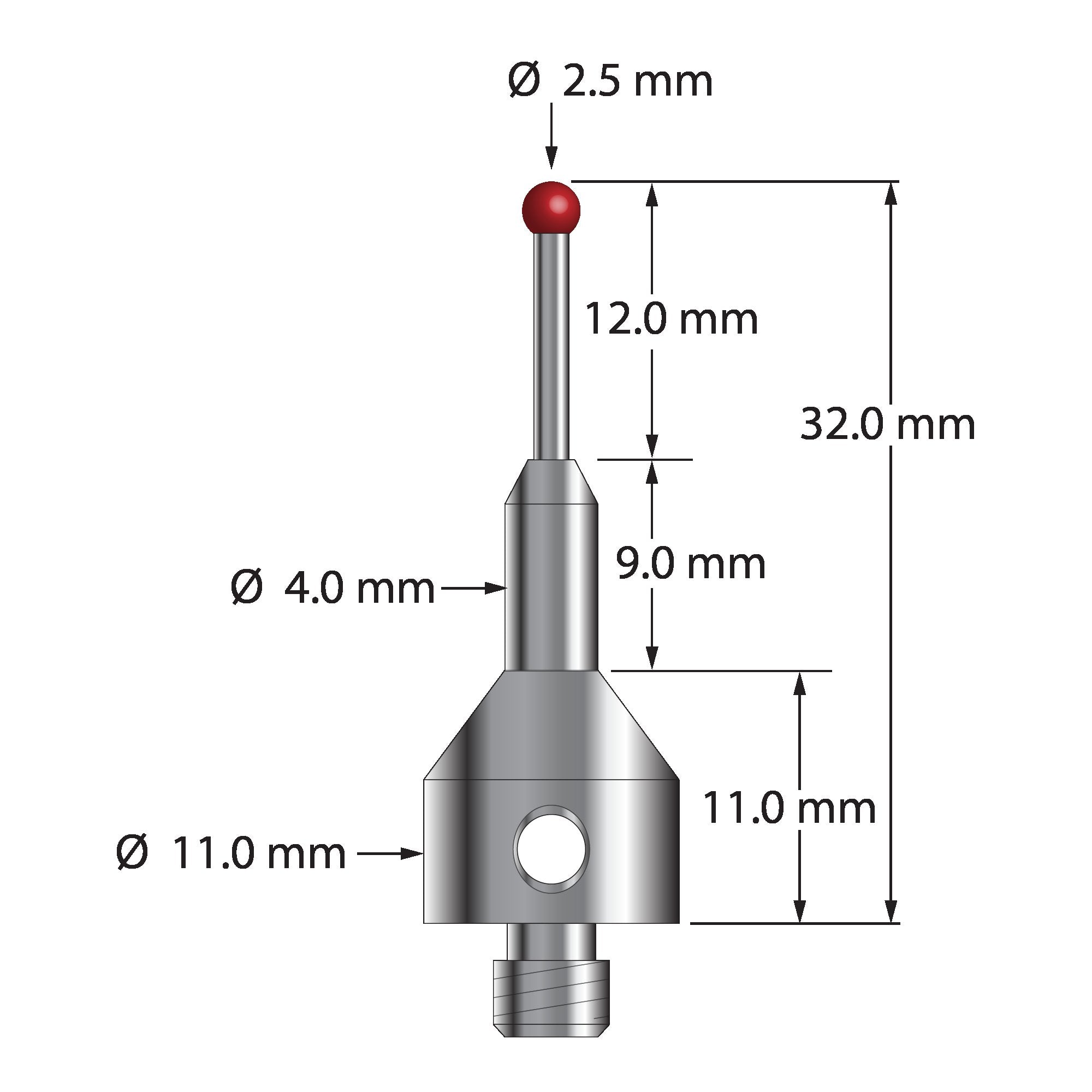 AQG-2532 M5 stylus with 2.5mm ruby ball, carbide stem, and stainless steel base, 32mm long by Q-Mark Manufacturing, Inc.