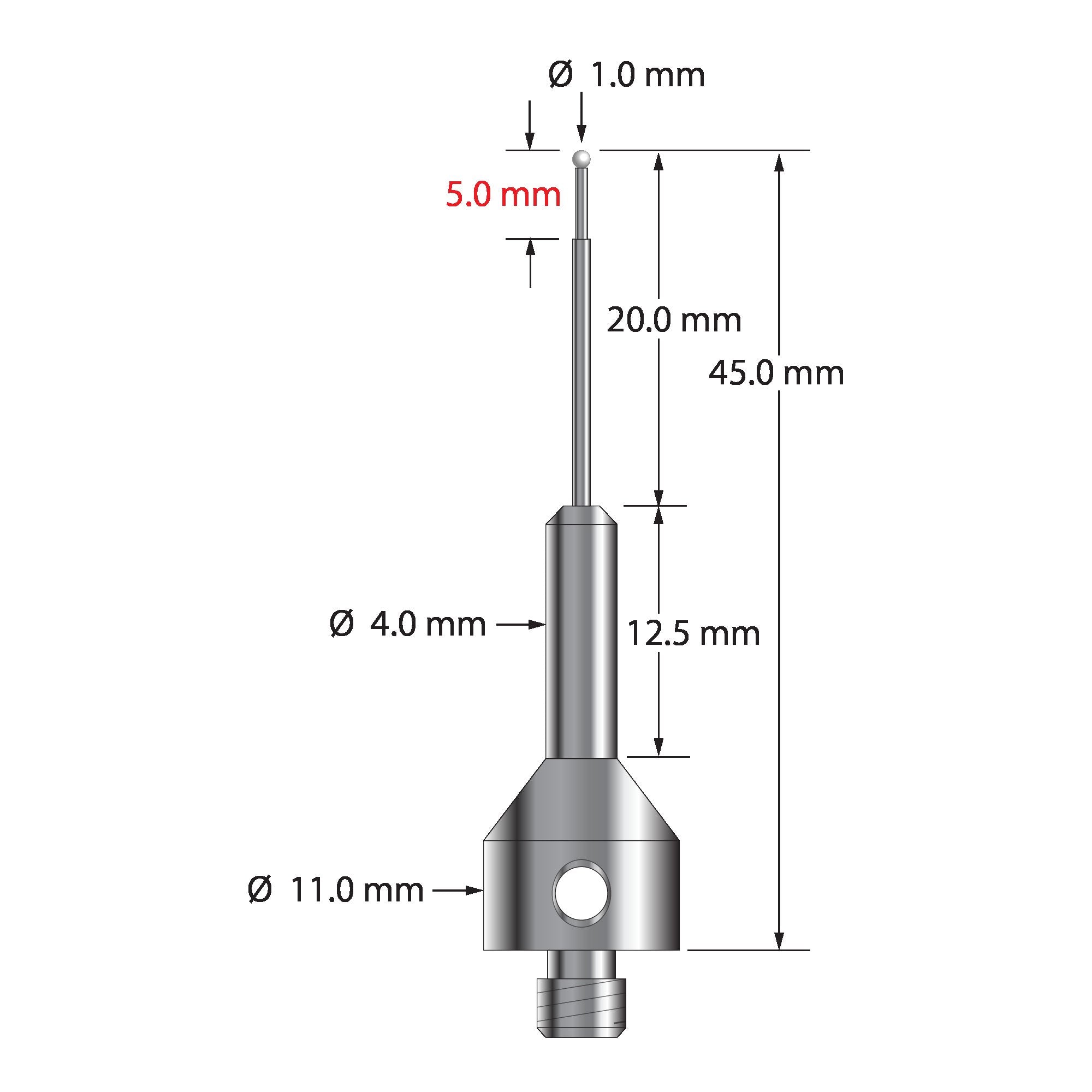 ARG-1045-Z M5 stylus with 1.0mm zirconia ball, carbide stem, and stainless steel base, 45.0mm long by Q-Mark Manufacturing, Inc.