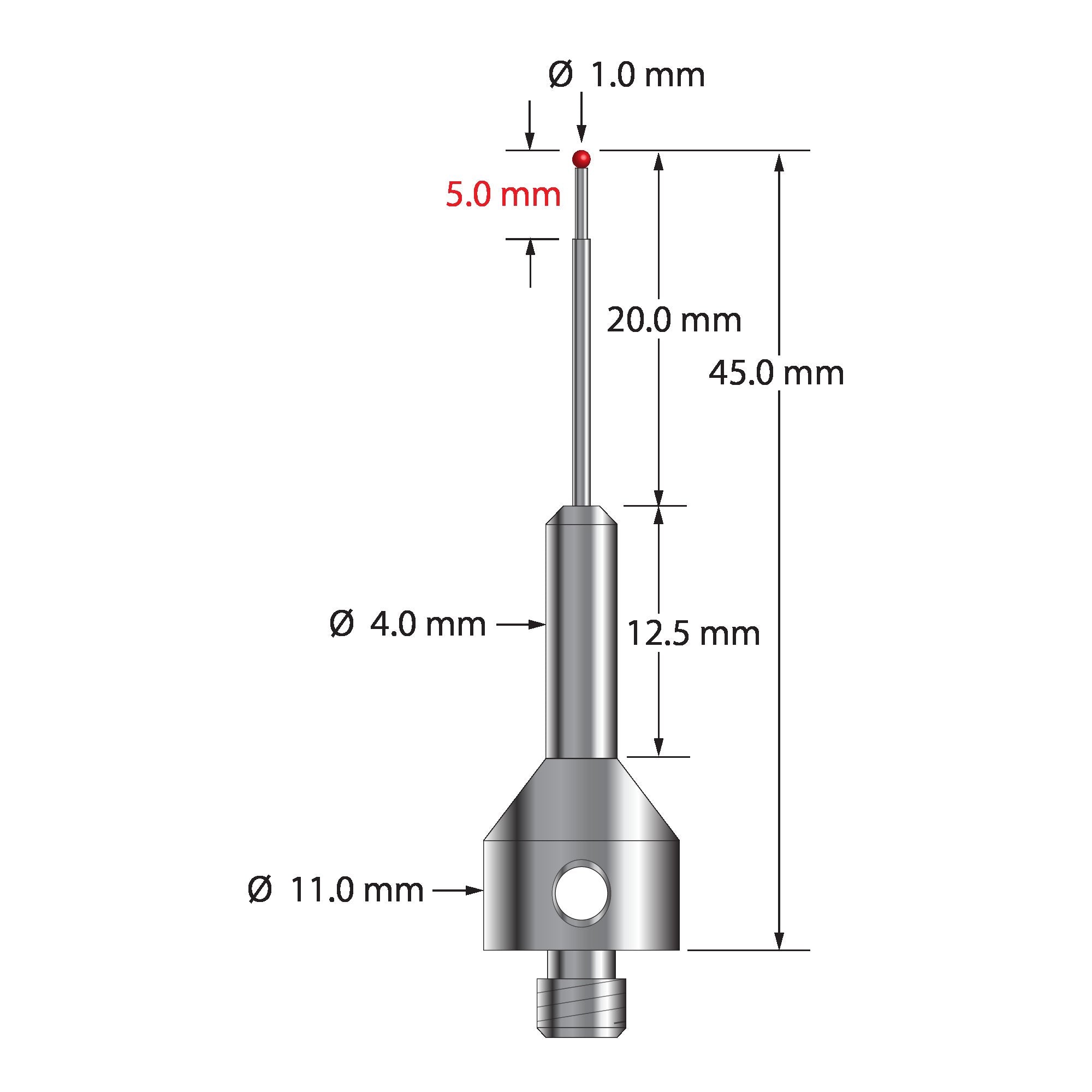 ARG-1045 M5 1.0mm ruby ball stylus with stepped carbide stem and stainless steel base, 45.0mm long by Q-Mark Manufacturing, Inc.