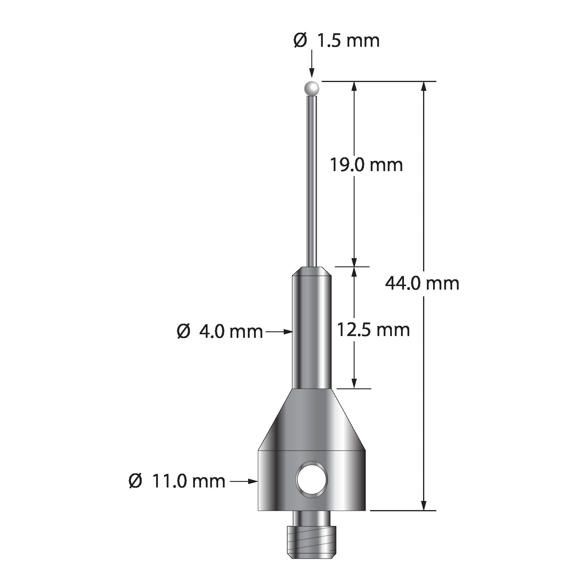 ARG-1544-Z M5 stylus with 1.5mm zirconia ball, carbide stem, and stainless steel base, 44mm long by Q-Mark Manufacturing, Inc.