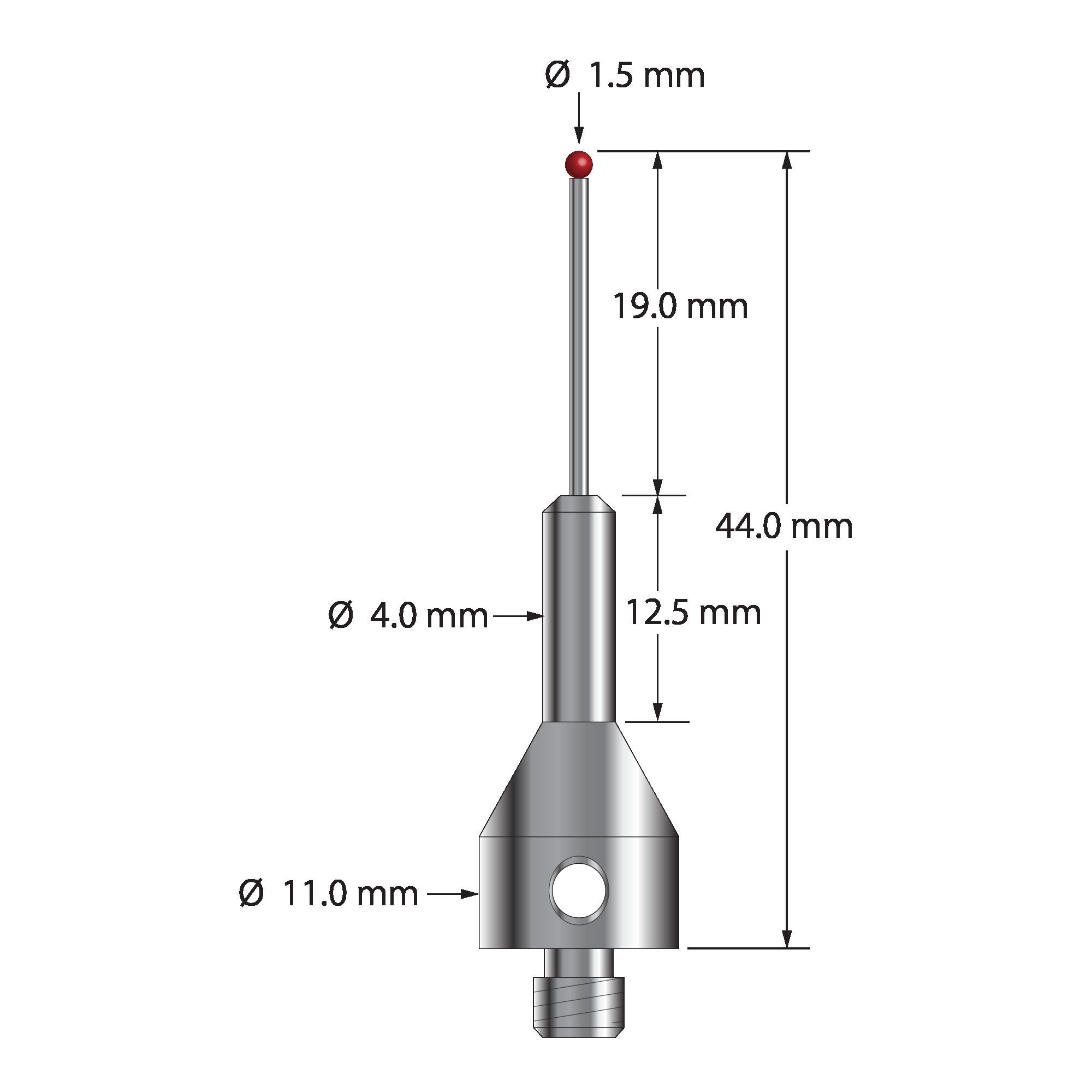 ARG-1544 M5 stylus with 1.5mm ruby ball, carbide stem, and stainless steel base, 44mm long by Q-Mark Manufacturing, Inc.