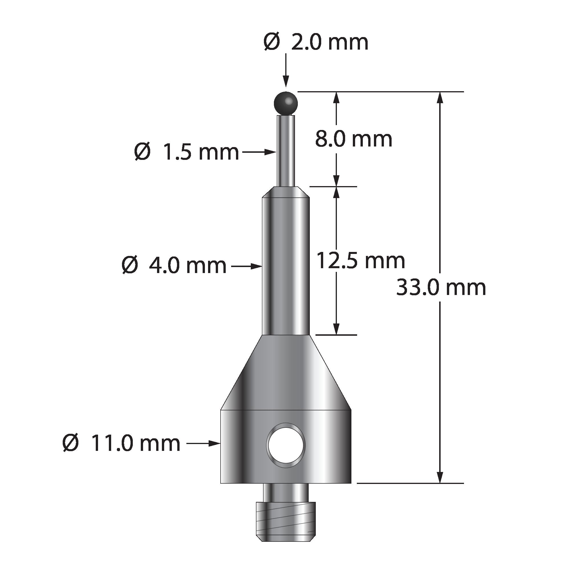 ARG-2033-SN M5 stylus with 2.0mm silicon nitride ball, carbide stem, and stainless steel base by Q-Mark Manufacturing, Inc.