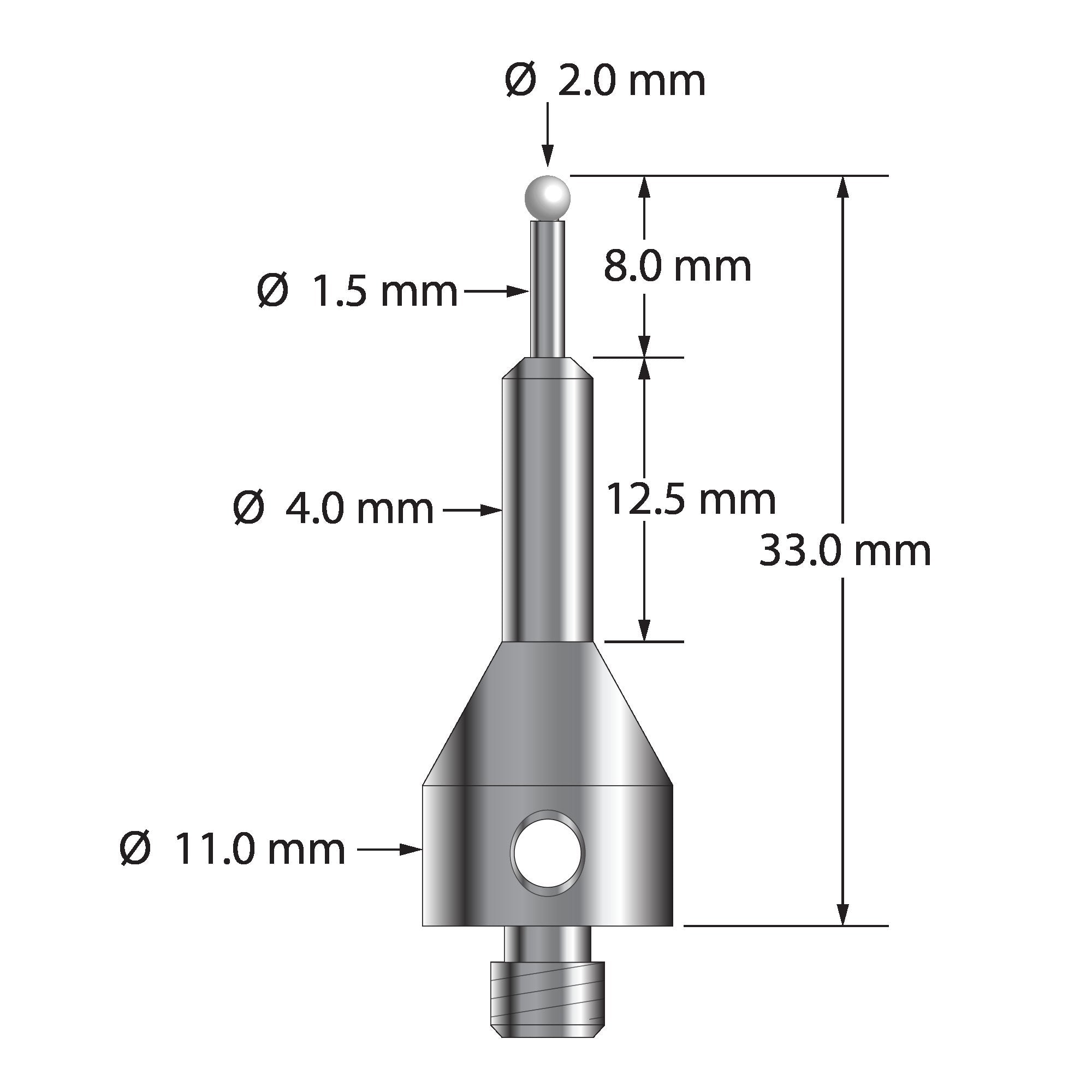 ARG-2033-Z M5 stylus with 2.0mm zirconia ball, carbide stem, and stainless steel base, 33.0mm long by Q-Mark Manufacturing, Inc.
