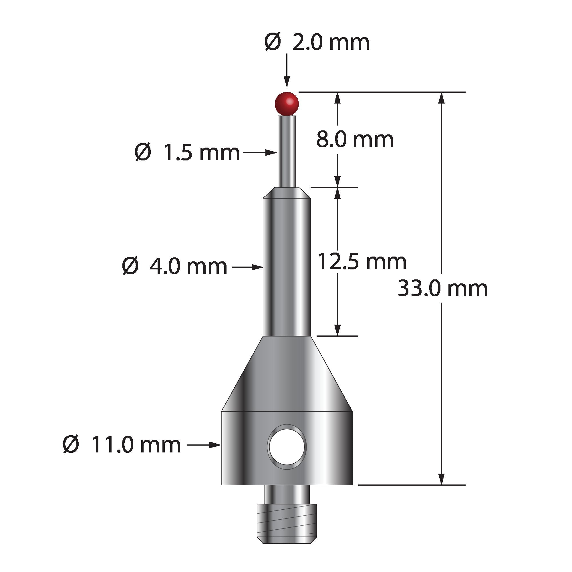 ARG-2033 M5 stylus with 2.0mm ruby ball, carbide stem, stainless steel base, 33.0mm long by Q-Mark Manufacturing, Inc.