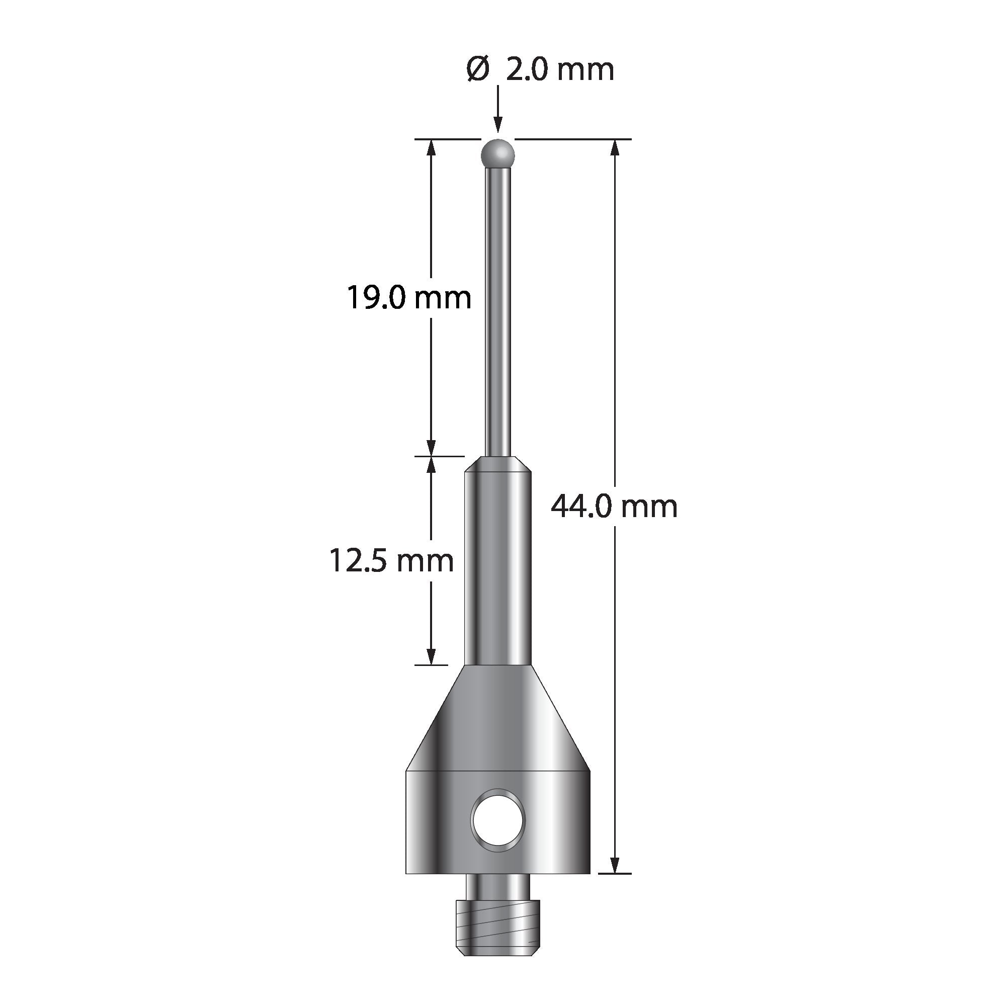 ARG-2044-D M5 2.0mm solid diamond stylus with carbide stem and stainless steel base, 44.0mm long by Q-Mark Manufacturing, Inc.