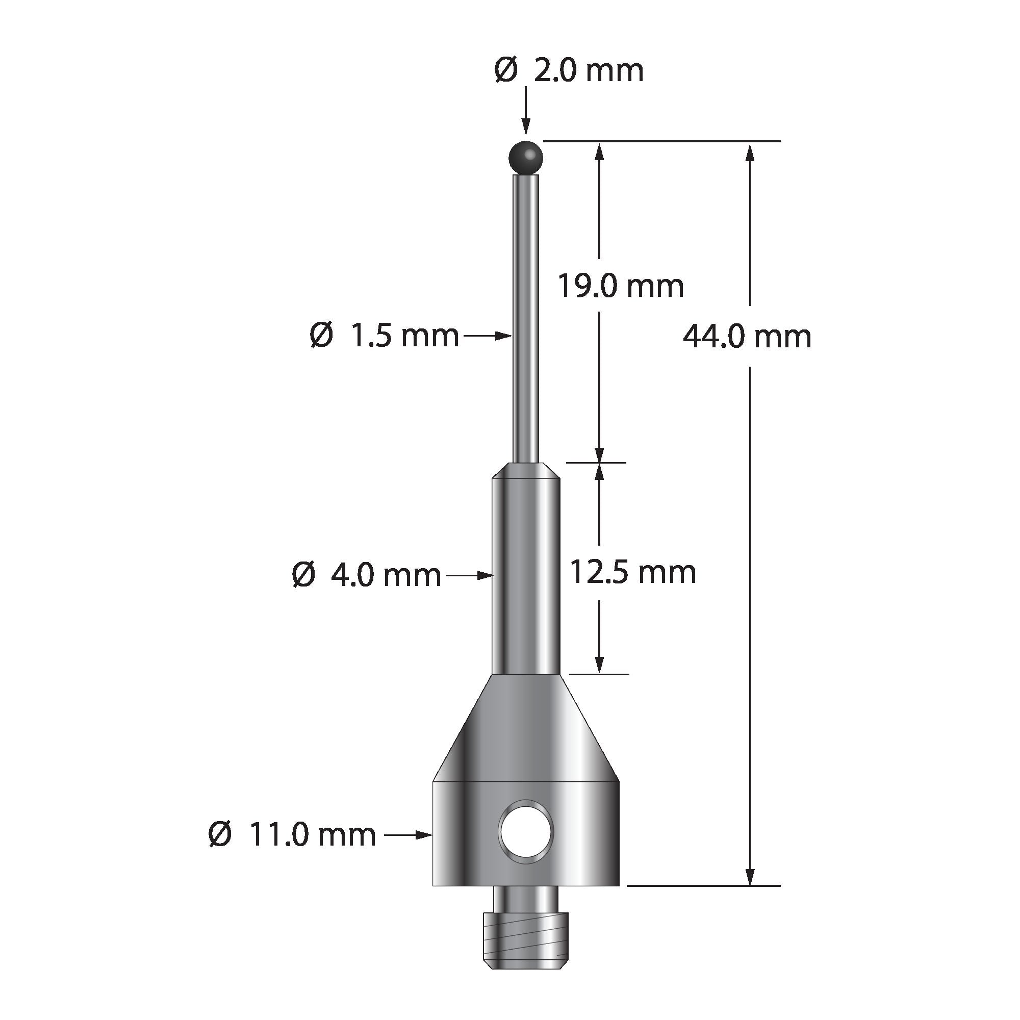 ARG-2044-SN M5 stylus with 2.0mm silicon nitride ball, carbide stem, and stainless steel base, 44.0mm long by Q-Mark Manufacturing, Inc.