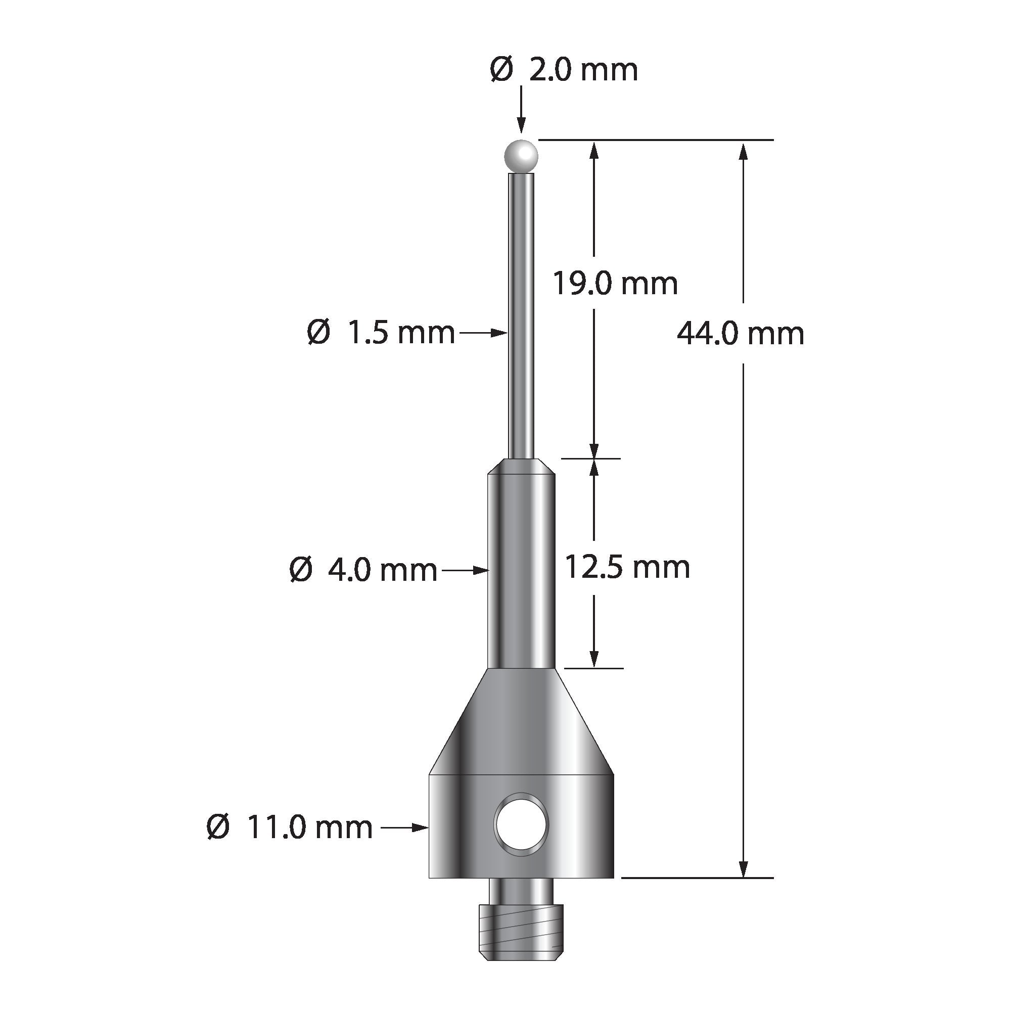 ARG-2044-Z M5 stylus with 2.0mm zirconia ball, carbide stem, and stainless steel base by Q-Mark Manufacturing, Inc.