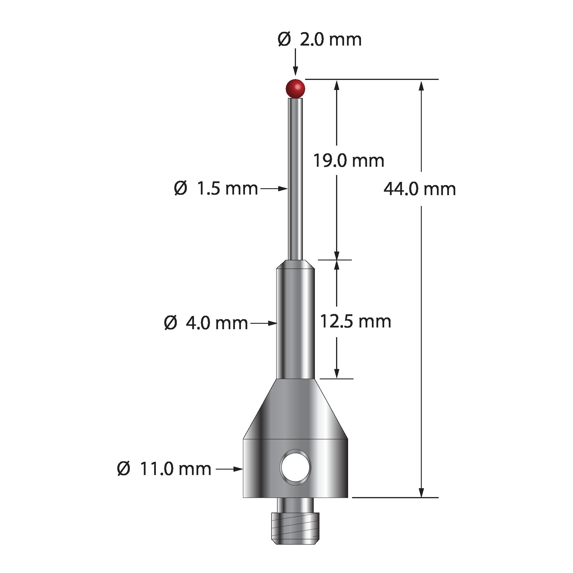 ARG-2044 M5 stylus with 2.0mm ruby ball, carbide stem, and stainless steel base, 44.0mm long by Q-Mark Manufacturing, Inc.