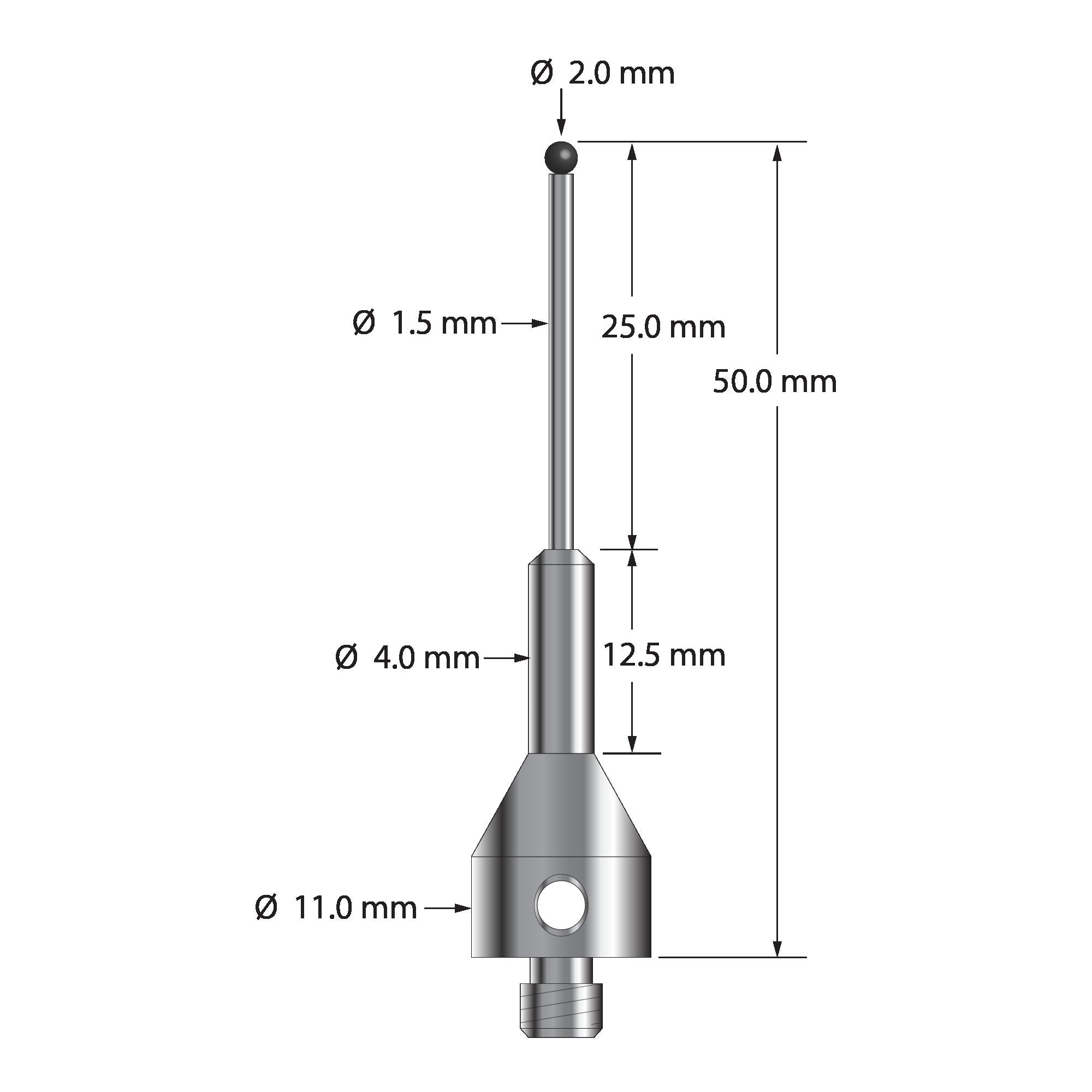 ARG-2050-SN M5 2.0mm silicon nitride stylus with carbide stem and stainless steel base, 50.0mm long by Q-Mark Manufacturing, Inc.