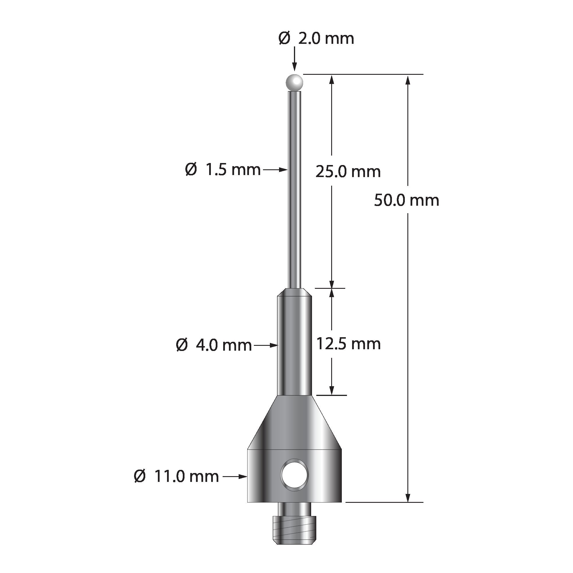 ARG-2050-Z M5 stylus with 2.0mm zirconia ball, carbide stem, and stainless steel base, 50mm long by Q-Mark Manufacturing, Inc.