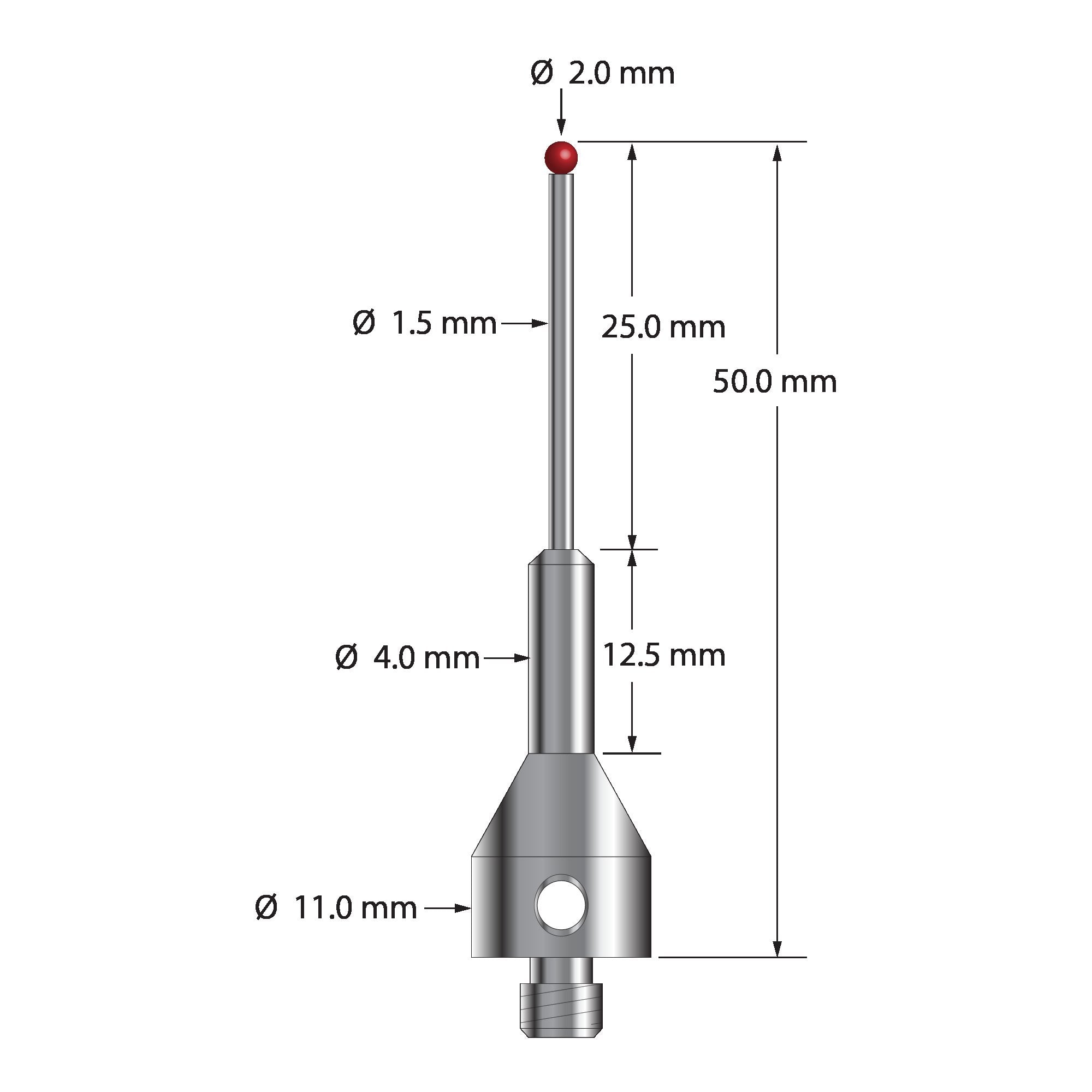 ARG-2050 M5 stylus with 2.0mm ruby ball, carbide stem, and stainless steel base, 50.0mm long by Q-Mark Manufacturing, Inc.