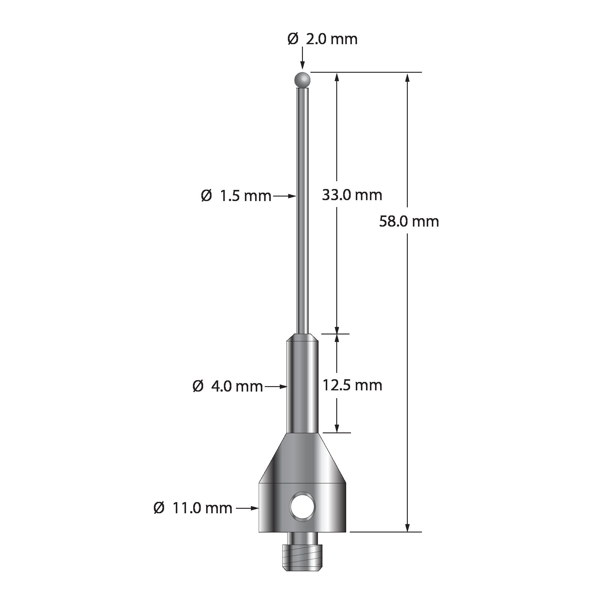 ARG-2058-D M5 stylus with 2.0mm solid diamond sphere, carbide stem, and stainless steel base, 58.0mm long by Q-Mark Manufacturing, Inc.