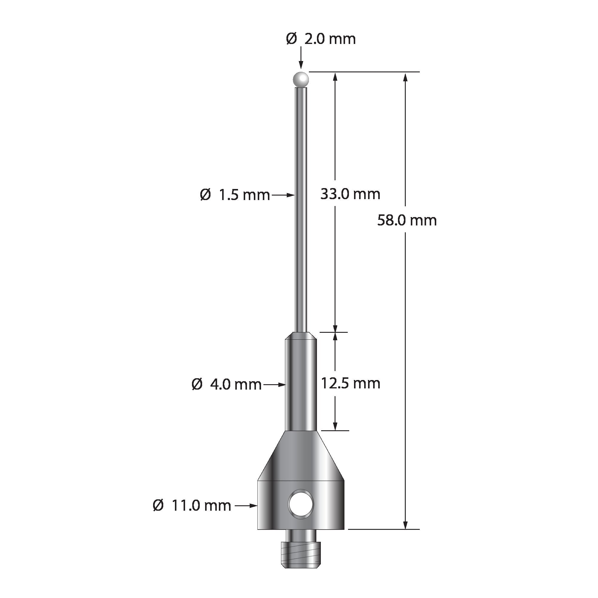 ARG-2058-Z M5 stylus with 2.0mm zirconia ball, carbide stem, and stainless steel base by Q-Mark Manufacturing, Inc.