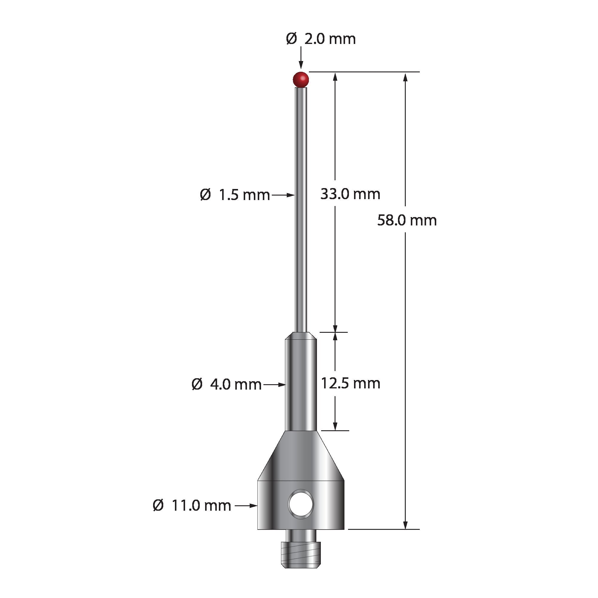 ARG-2058 M5 2.0mm ruby ball stylus with carbide stem and stainless steel base, 58.0mm long by Q-Mark Manufacturing, Inc.