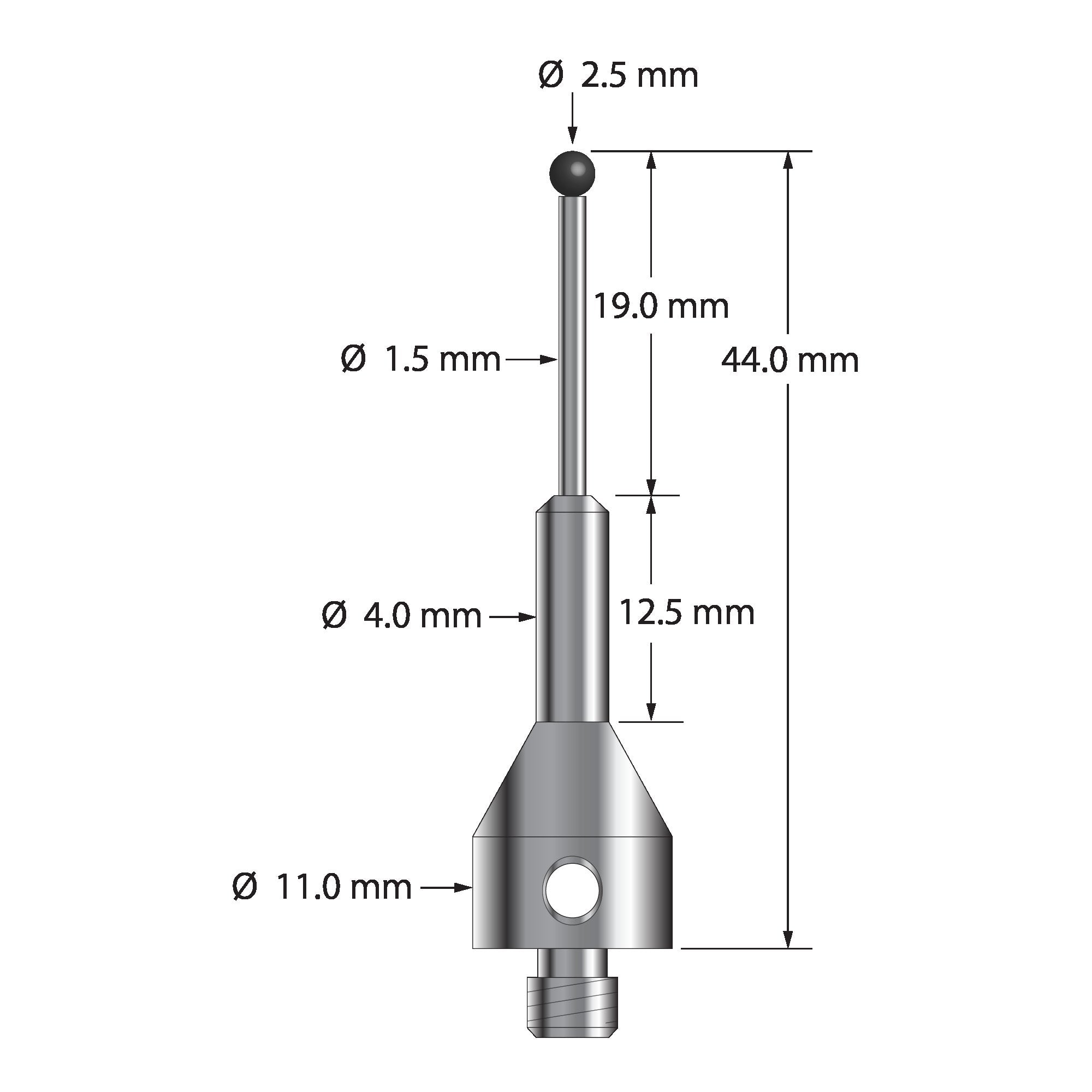ARG-2544-SN M5 stylus with 2.5mm silicon nitride ball and tapered stainless steel base, 44mm long by Q-Mark Manufacturing, Inc.
