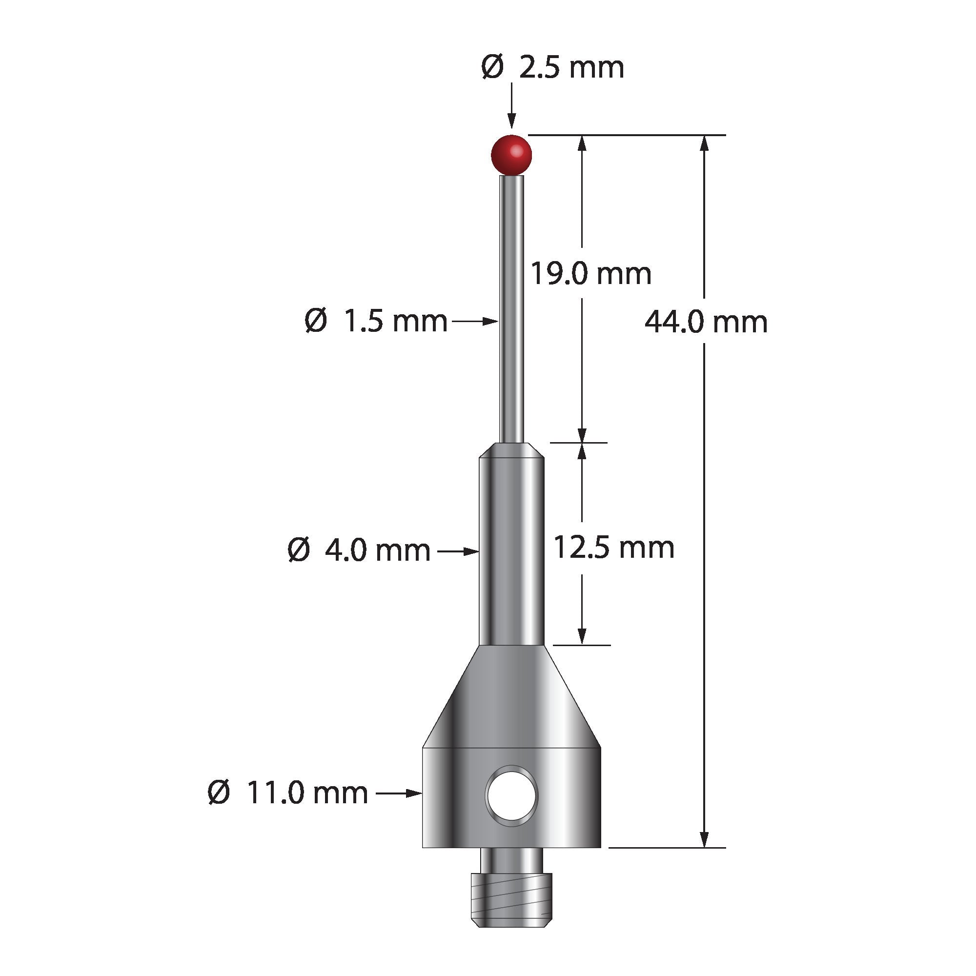 ARG-2544 M5 stylus with 2.5mm ruby ball, carbide stem, and stainless steel base, 44mm long by Q-Mark Manufacturing, Inc.