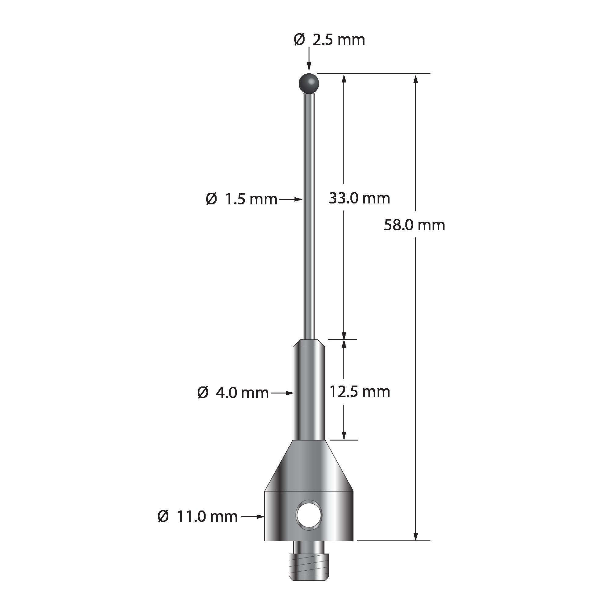 ARG-2558-SN M5 stylus with 2.5mm silicon nitride ball, carbide stem, and stainless steel base, 58mm long by Q-Mark Manufacturing, Inc.