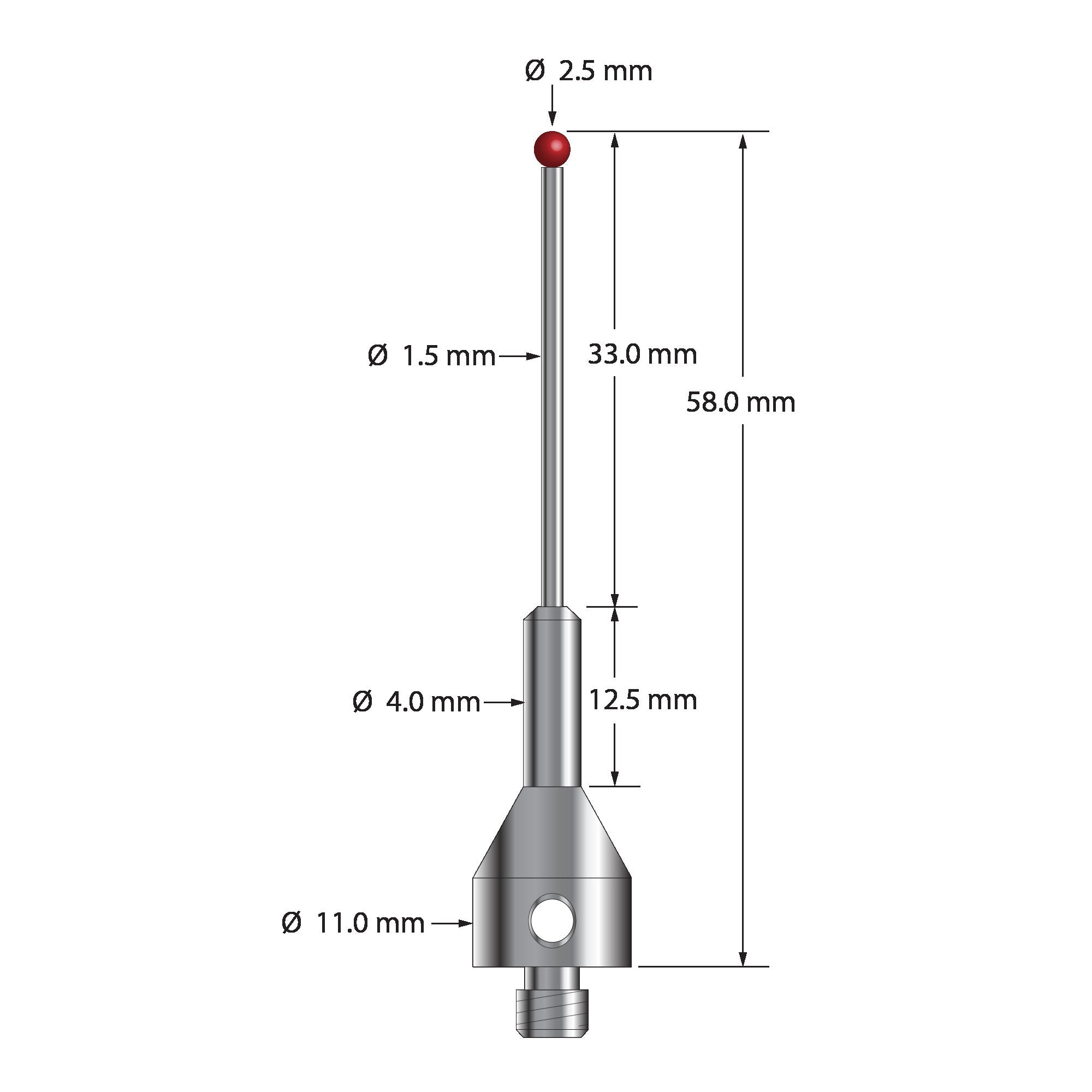 ARG-2558 M5 stylus with 2.5mm ruby ball, carbide stem, and stainless steel base, 58mm long by Q-Mark Manufacturing, Inc.