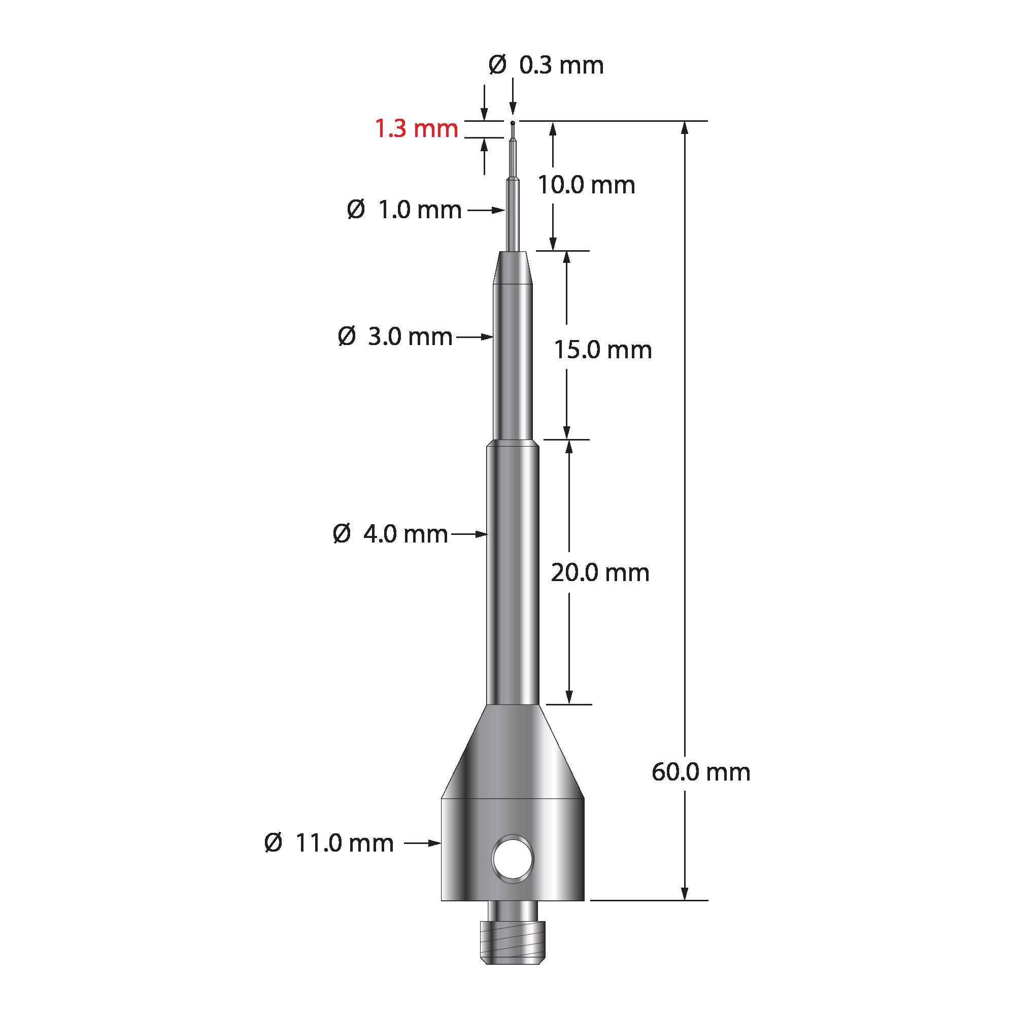 ASG-0360-C M5 0.3mm carbide ball stylus with stainless steel base, 60mm long by Q-Mark Manufacturing, Inc.