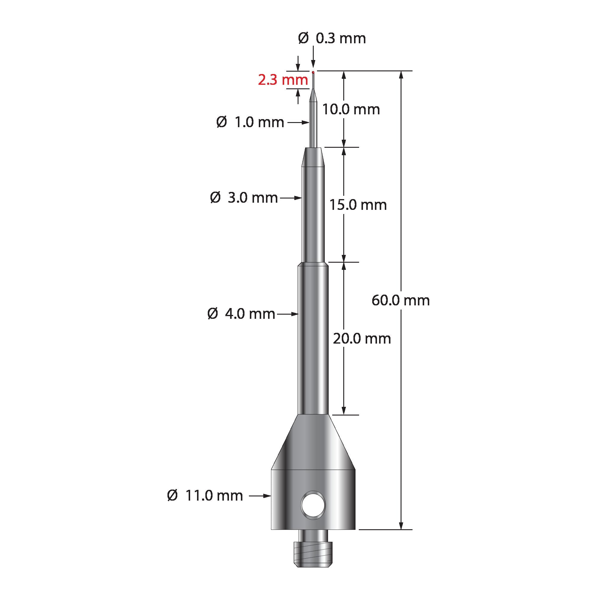ASG-0360-R M5 stylus with 0.3mm ruby ball, carbide stem, and stainless steel base, 60mm long by Q-Mark Manufacturing, Inc.
