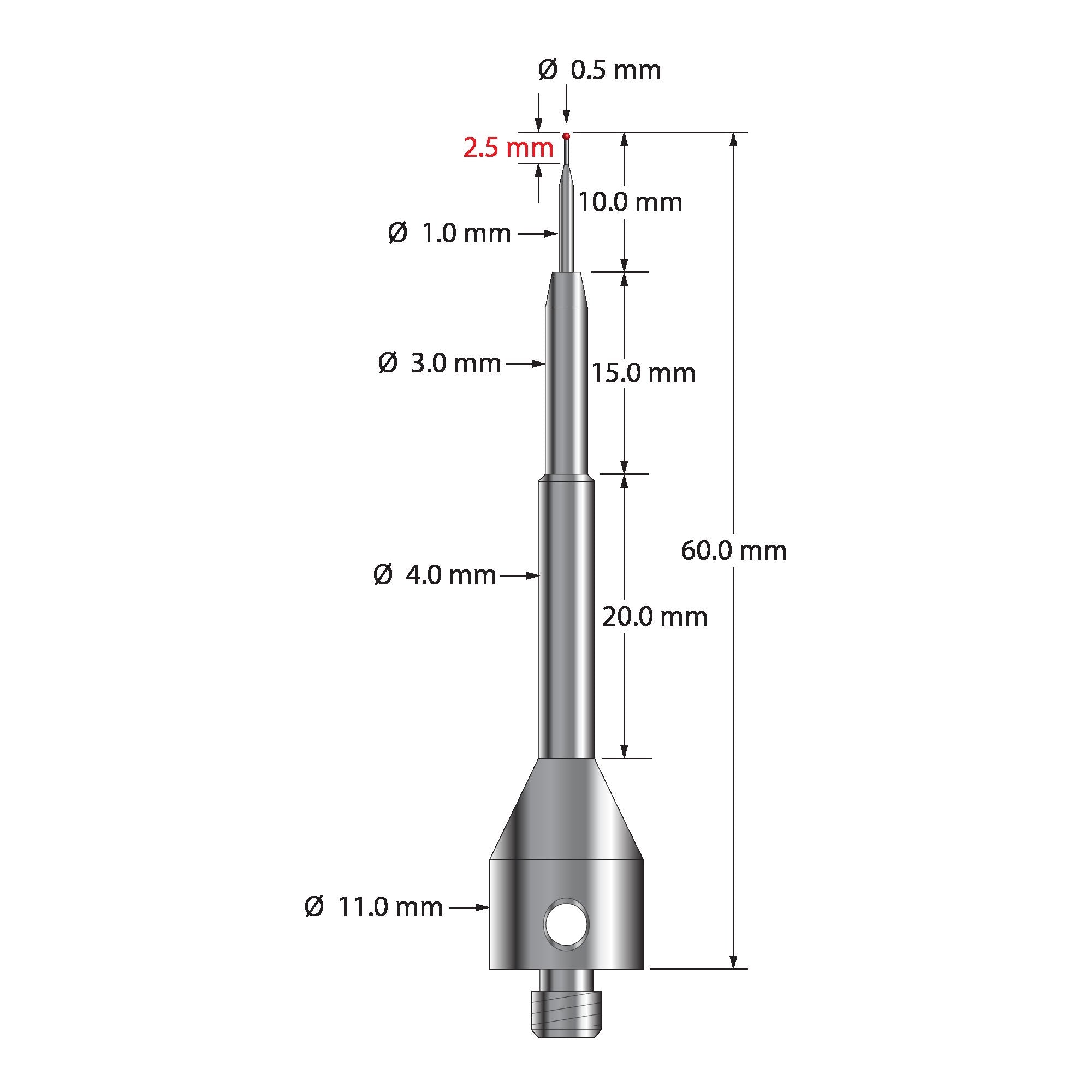 ASG-0560-R M5 stylus with 0.5mm ruby ball, tapered carbide stem, and stainless steel base by Q-Mark Manufacturing, Inc.