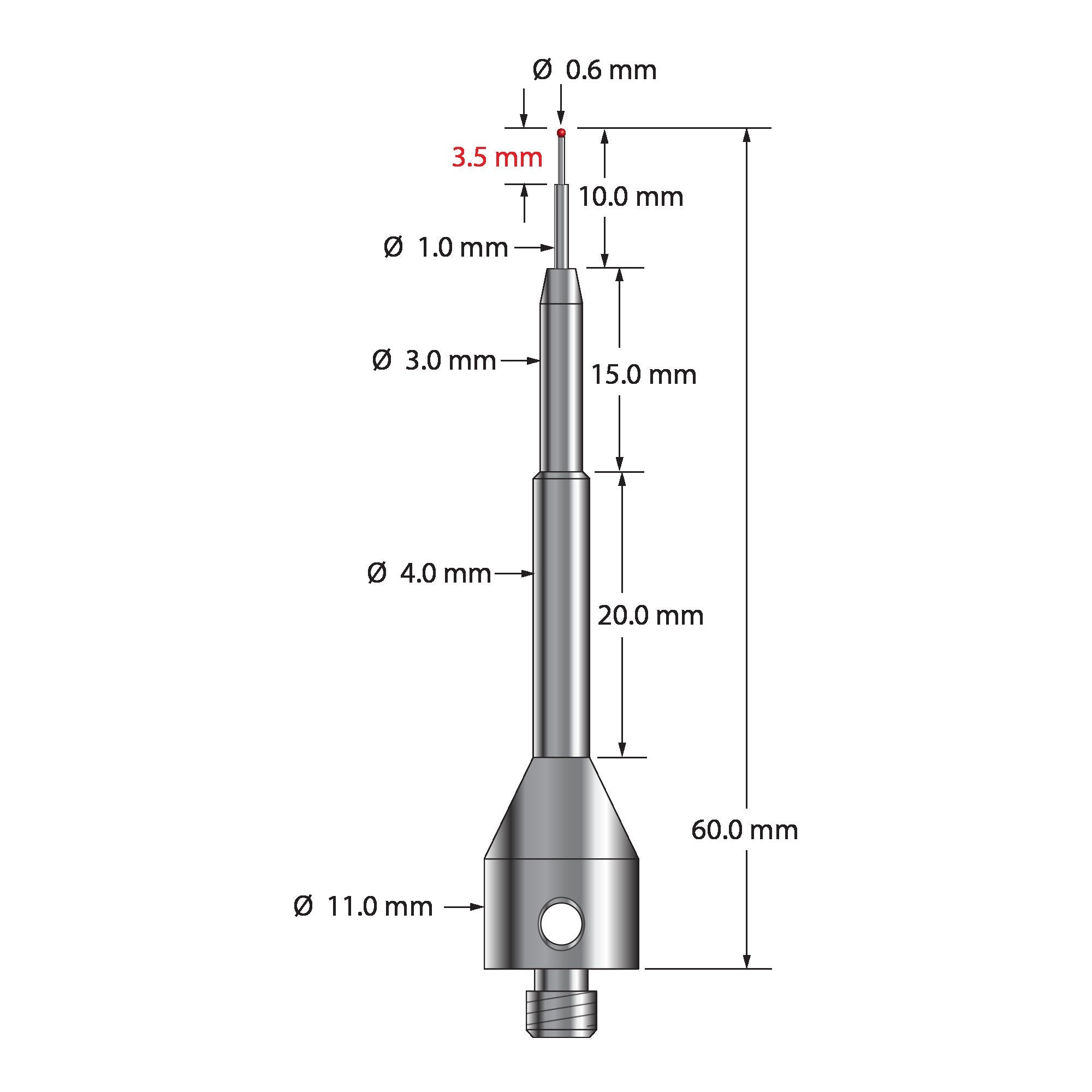 ASG-0660 M5 0.6mm ruby ball, carbide stem, stainless steel base stylus, 60mm long by Q-Mark Manufacturing, Inc.