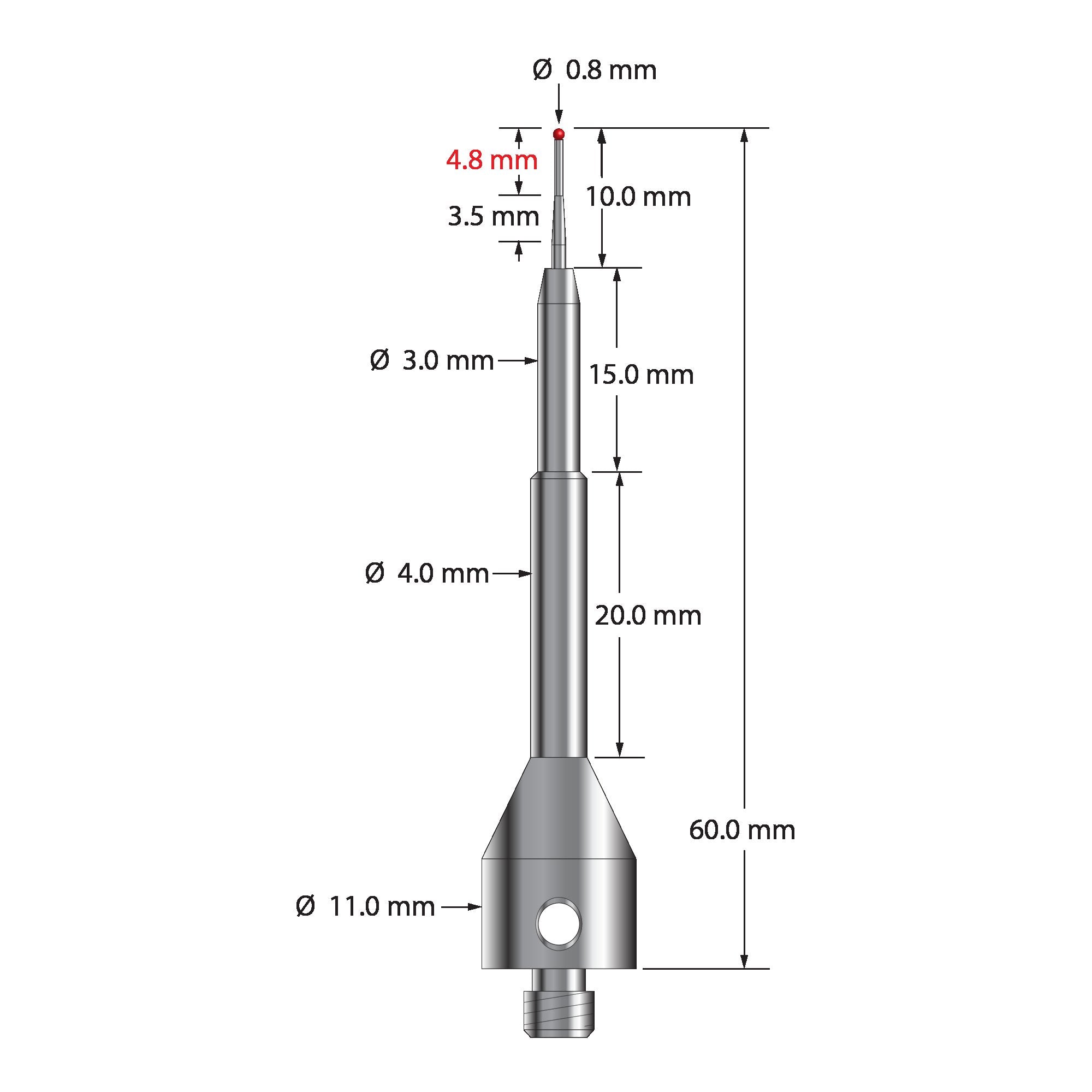 ASG-0860-T M5 stylus with 0.8mm ruby ball, tapered carbide stem, and stainless steel base by Q-Mark Manufacturing, Inc.