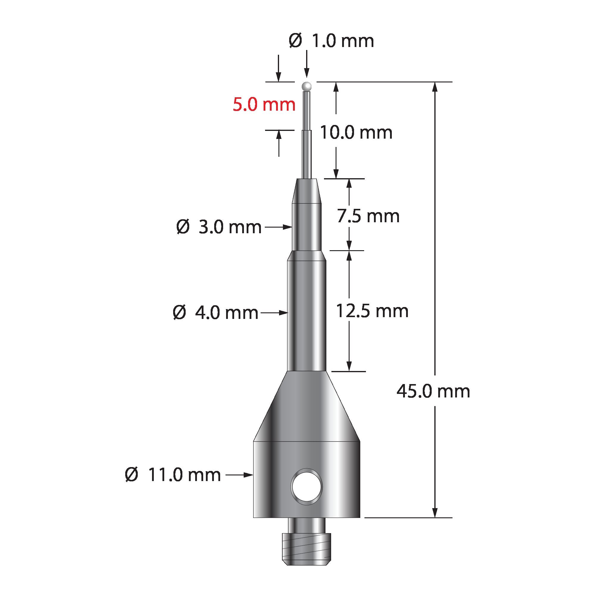 ASG-1045-Z M5 stylus with 1.0mm zirconia ball, stepped carbide stem, and stainless steel base by Q-Mark Manufacturing, Inc.