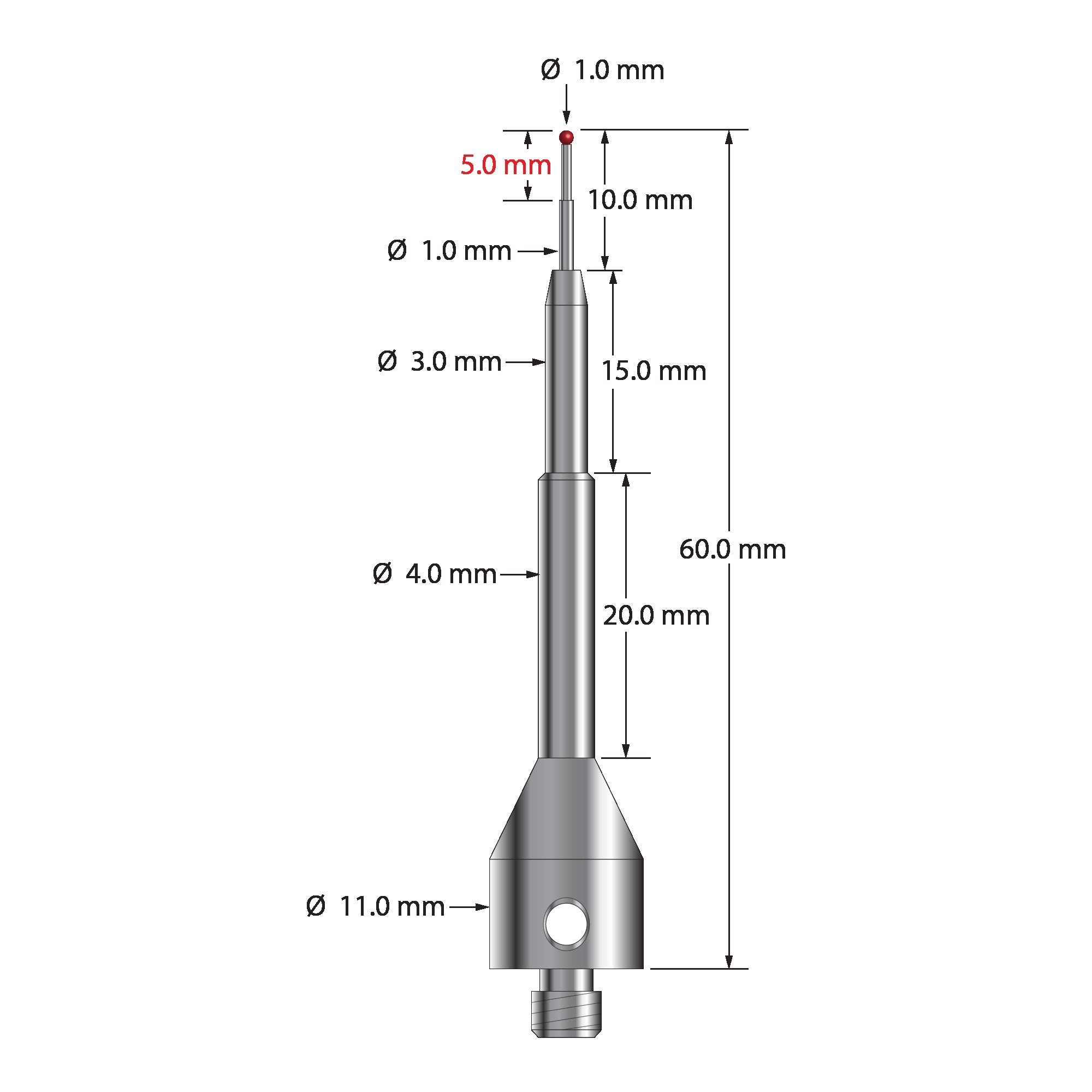 ASG-1060 M5 1.0mm ruby ball stylus with stepped carbide stem and stainless steel base, 60mm long by Q-Mark Manufacturing, Inc.