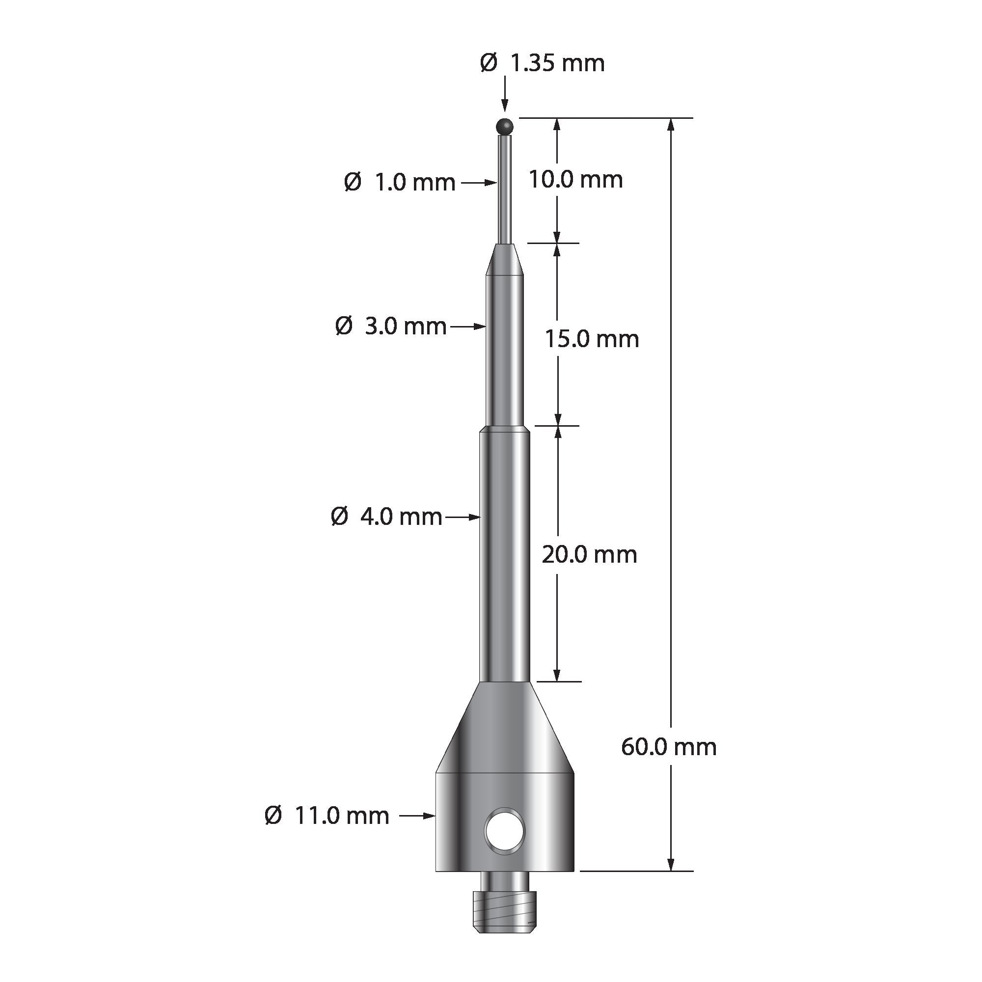 ASG-1360-SN M5 1.35mm silicon nitride stylus with carbide stem and stainless steel base, 60.0mm long by Q-Mark Manufacturing, Inc.