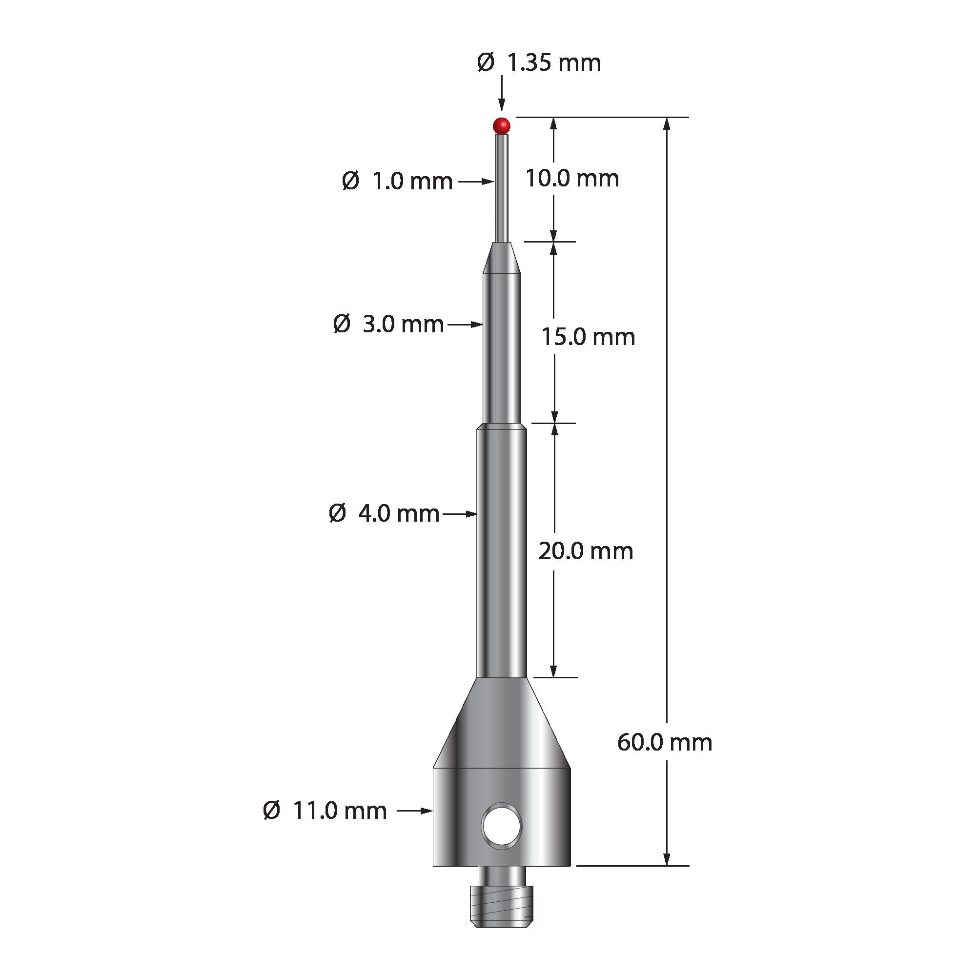 ASG-1360 M5 stylus with 1.35mm ruby ball, carbide stem, and stainless steel base, 60mm long by Q-Mark Manufacturing, Inc.