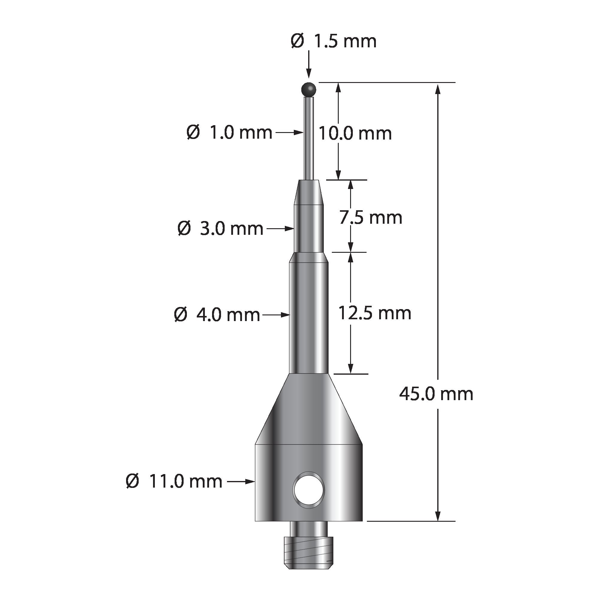 ASG-1545-SN M5 stylus with 1.5mm silicon nitride ball, carbide stem, and stainless steel base by Q-Mark Manufacturing, Inc.