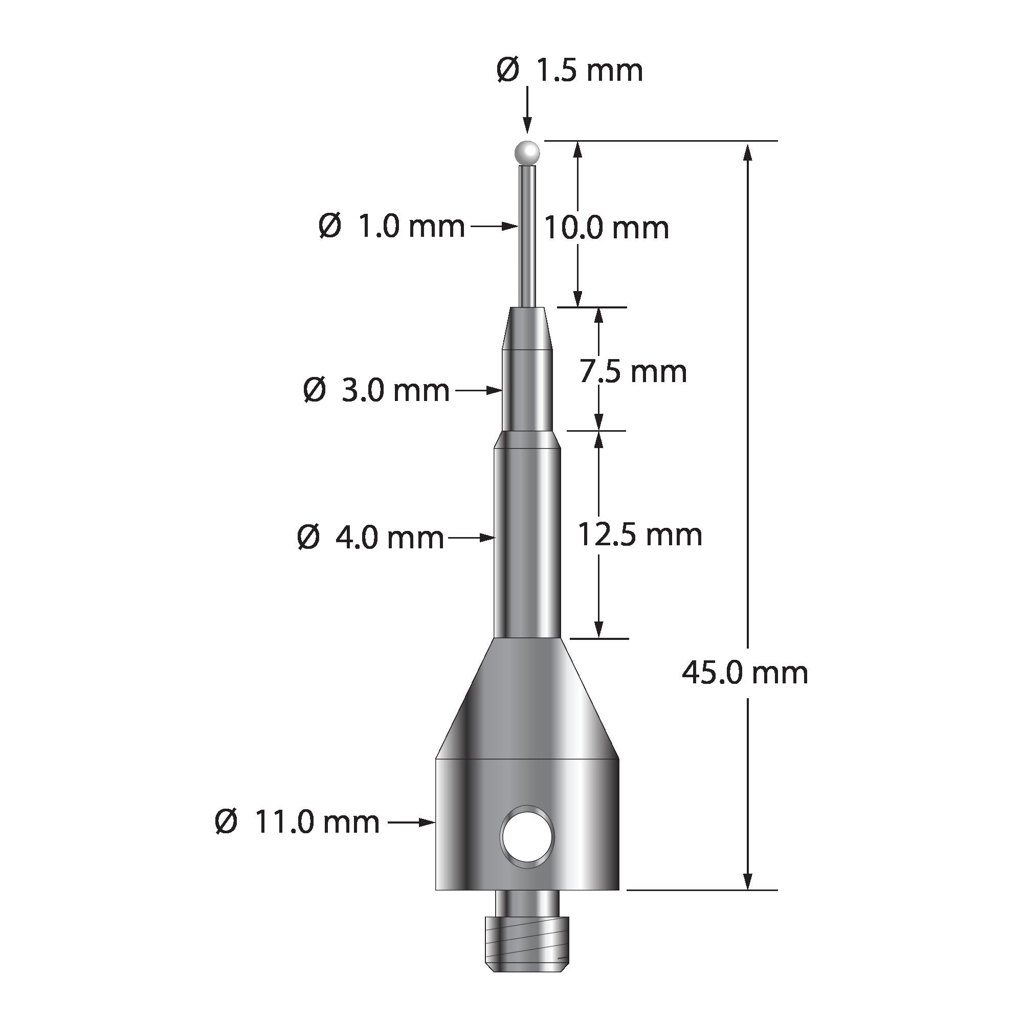 ASG-1545-Z M5 stylus with 1.5mm zirconia ball, carbide stem, and tapered stainless steel base by Q-Mark Manufacturing, Inc.