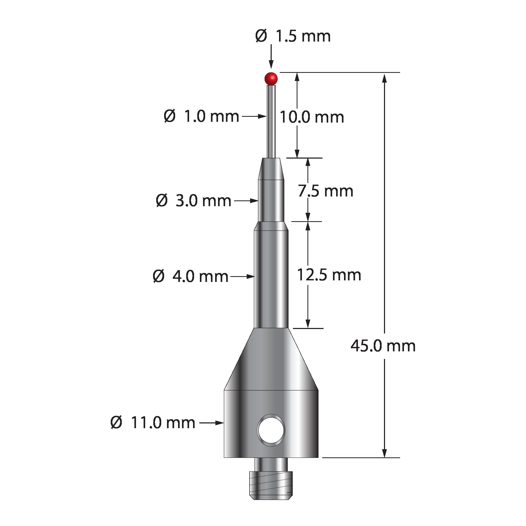 ASG-1545 M5 stylus with 1.5mm ruby ball, carbide stem, and tapered stainless steel base, 45mm long.