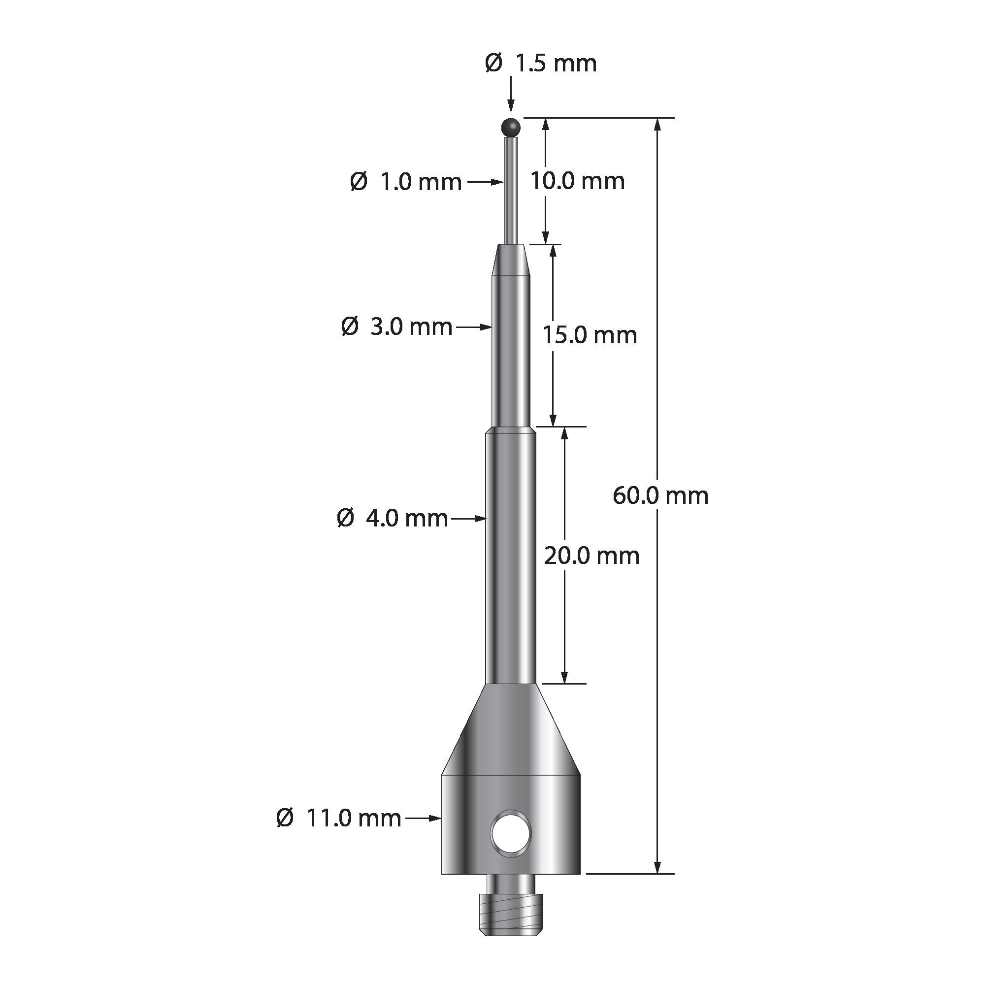 ASG-1560-SN M5 stylus with 1.5mm silicon nitride ball, carbide stem, and stainless steel base by Q-Mark Manufacturing, Inc.
