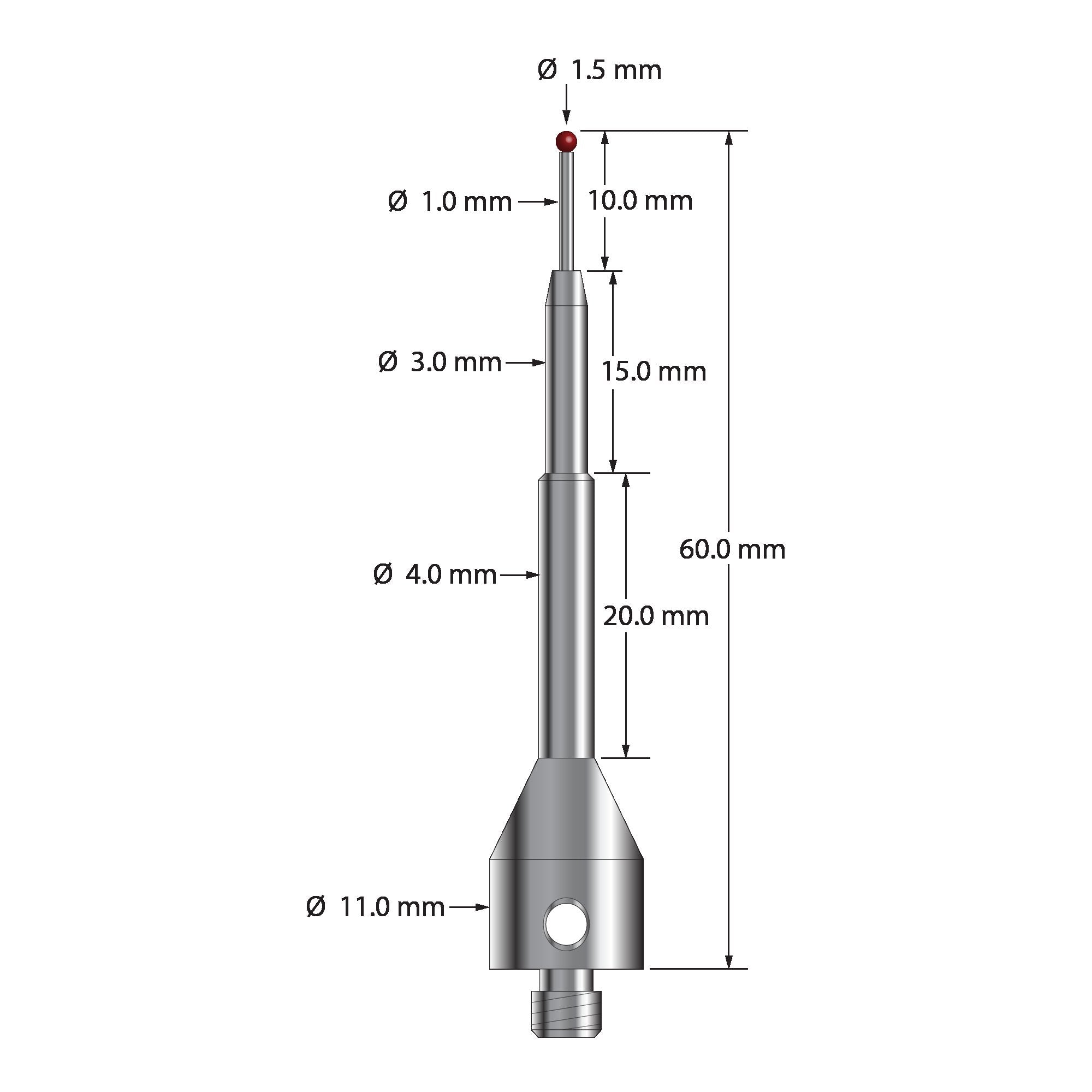 ASG-1560 M5 stylus with 1.5mm ruby ball, carbide stem, and stainless steel base, 60mm long by Q-Mark Manufacturing, Inc.