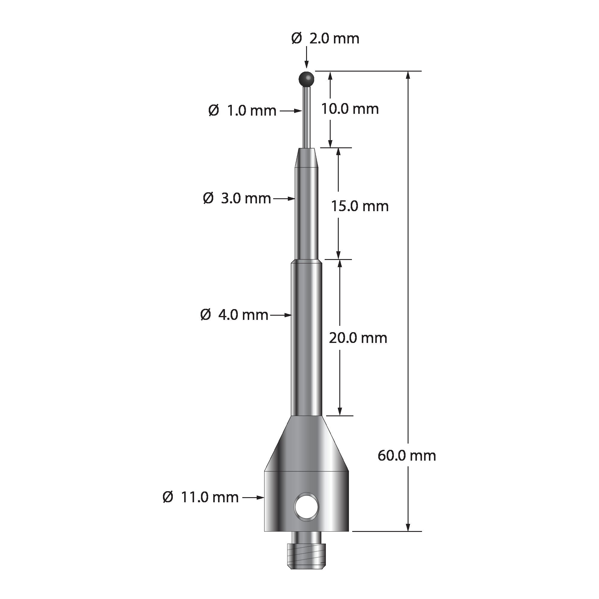 ASG-2060-SN M5 stylus with 2.0mm silicon nitride ball and stainless steel base, 60.0mm long by Q-Mark Manufacturing, Inc.