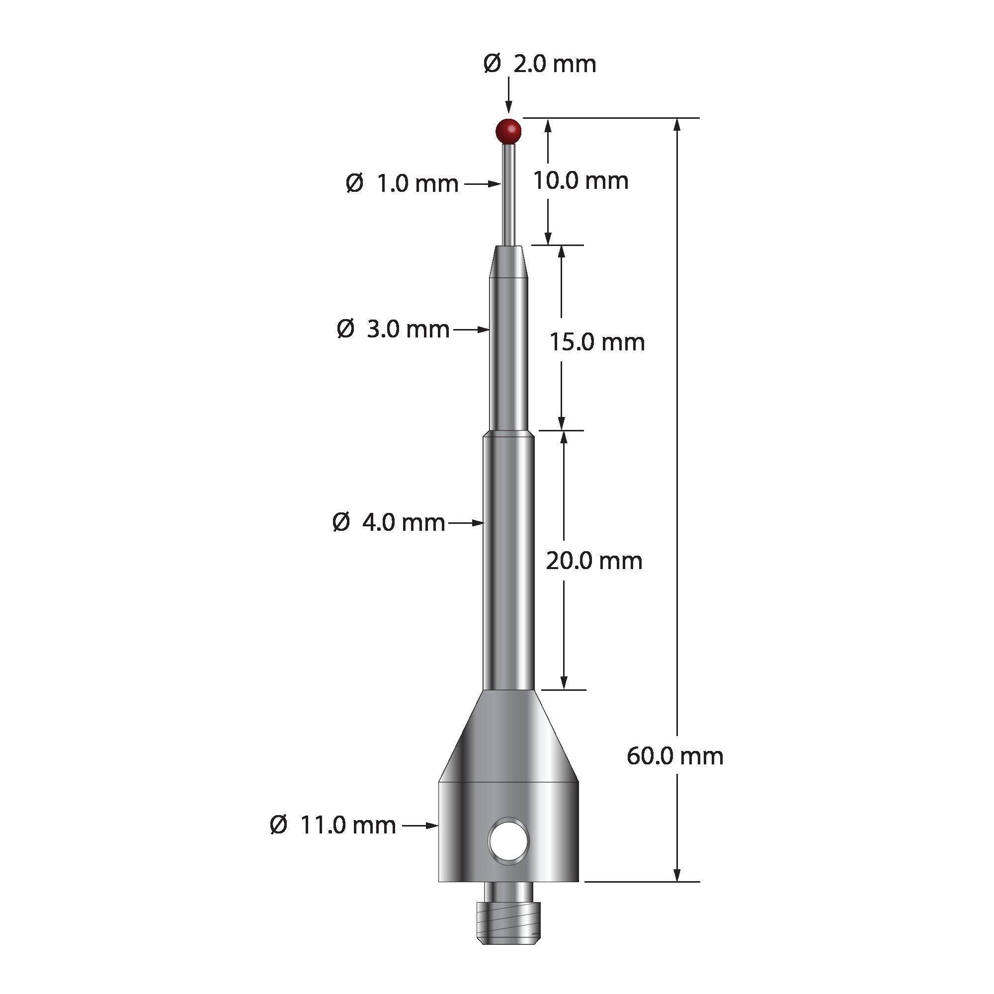 ASG-2060 M5 stylus with 2.0mm ruby ball, carbide stem, and stainless steel base, 60.0mm long by Q-Mark Manufacturing, Inc.