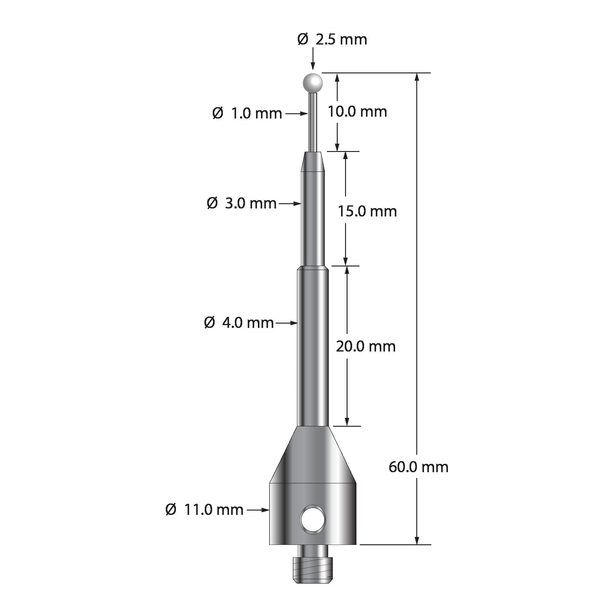 ASG-2560-Z M5 stylus with 2.5mm zirconia ball, carbide stem, and stainless steel base, 60mm long by Q-Mark Manufacturing, Inc.